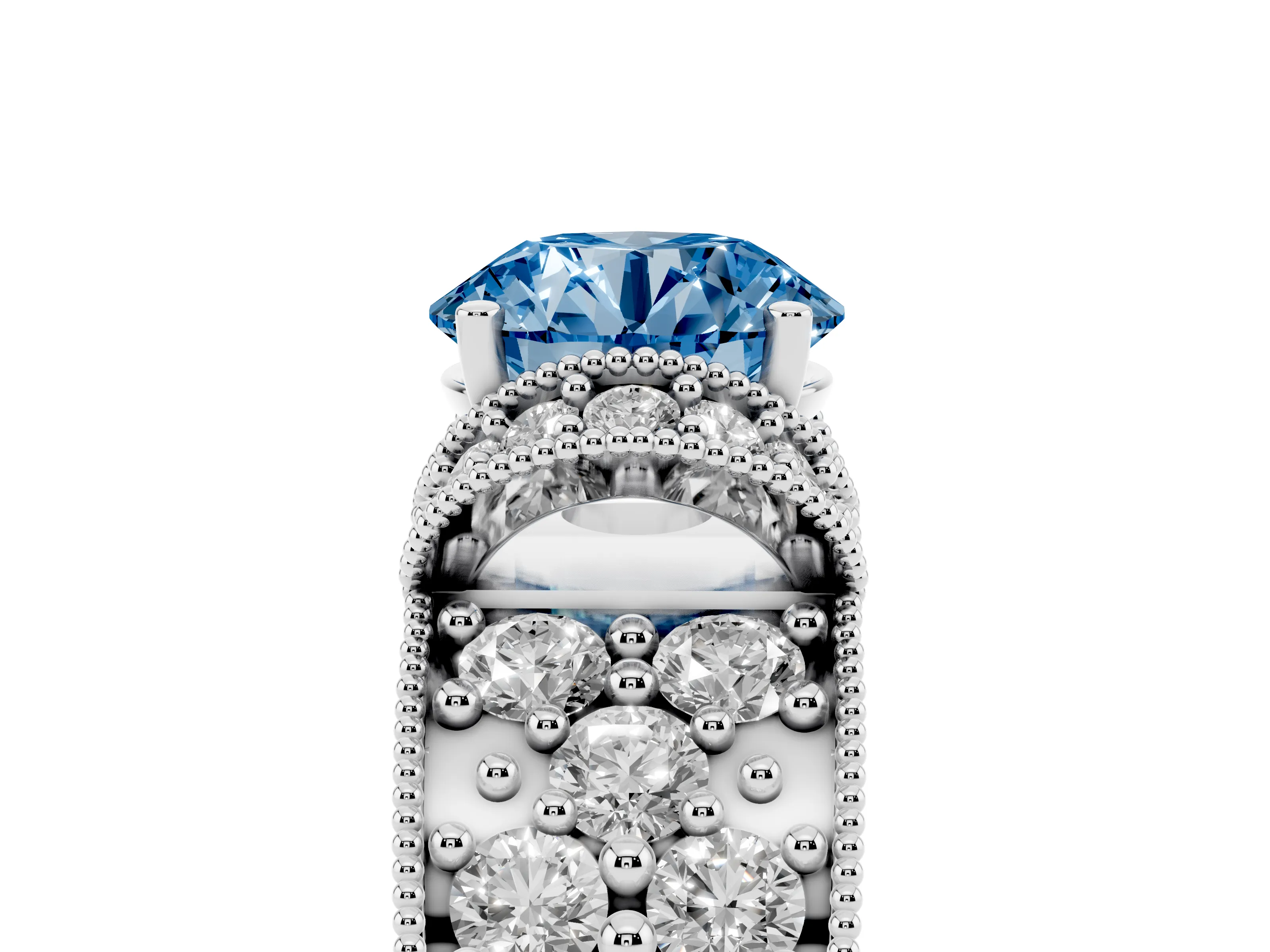 Fancy Blue Round Cut Diamond Milgrain Halo Pavé Engagement Ring Set in Platinum with Prong Setting