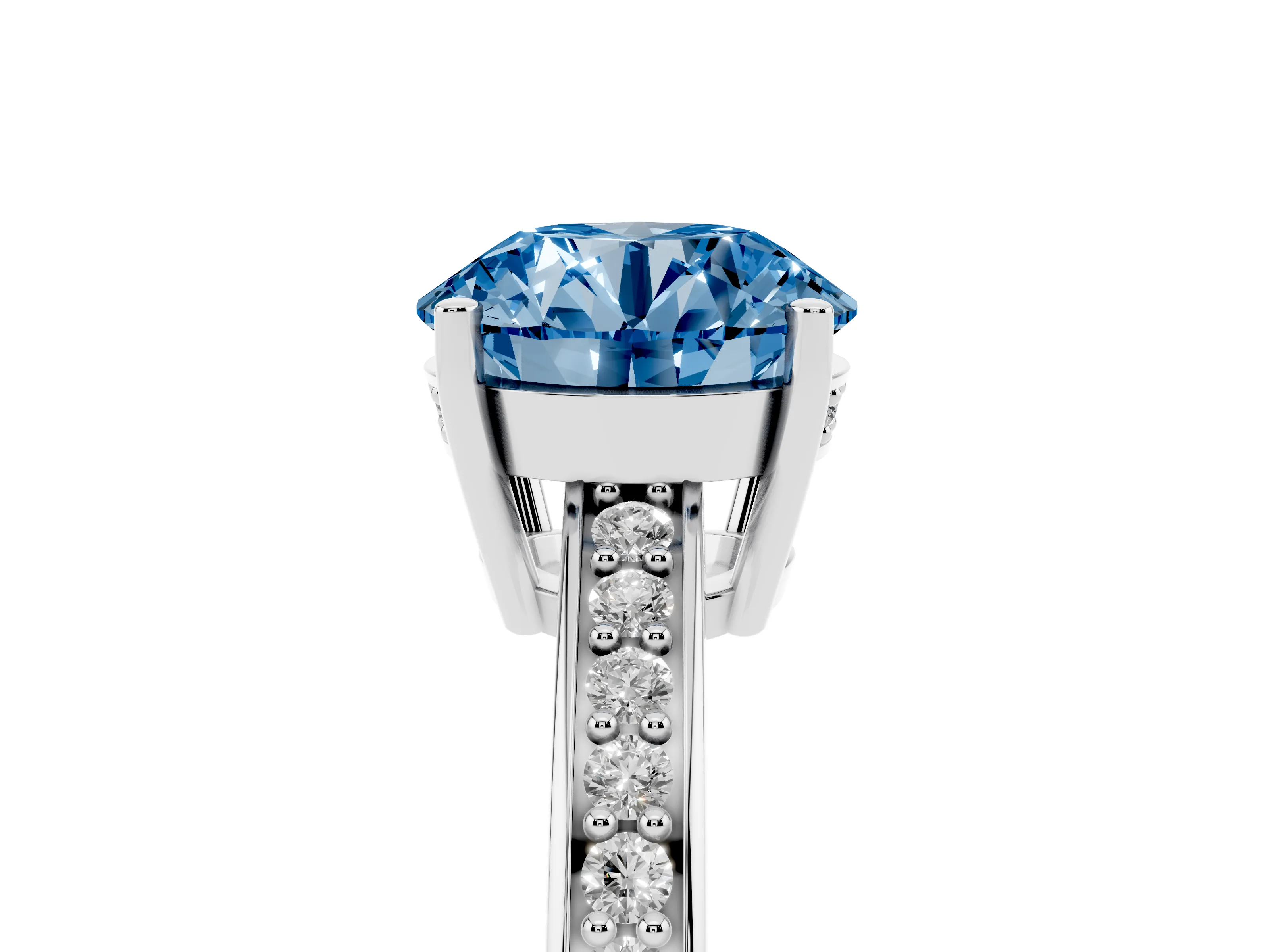 Fancy Blue Round Cut Diamond Pavé Band Prong Set Solitaire Ring Set in Platinum