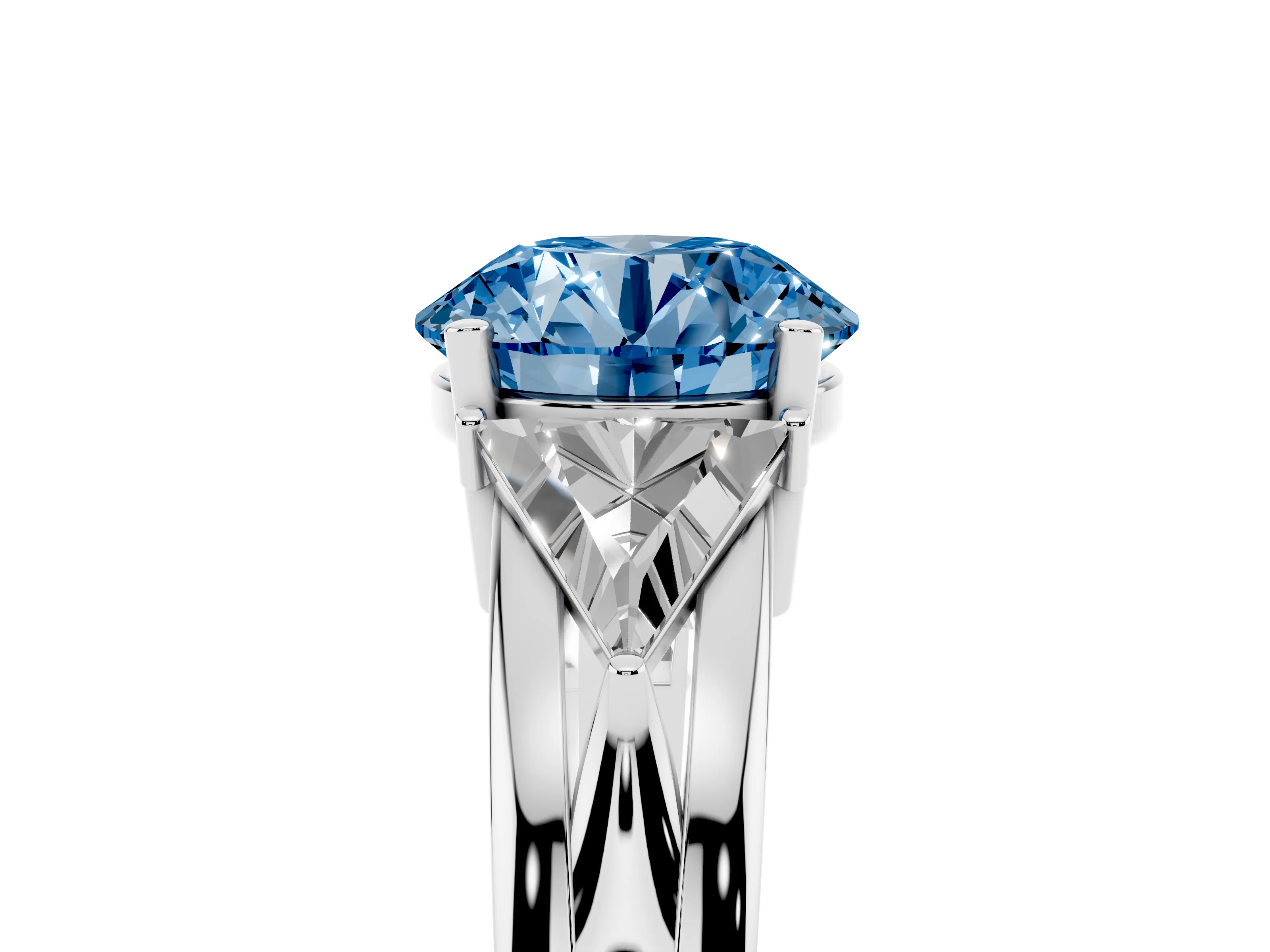 Fancy Blue Round Cut Diamond Three-Stone Ring Set in Silver with Trillion Side Stones and Split Shank