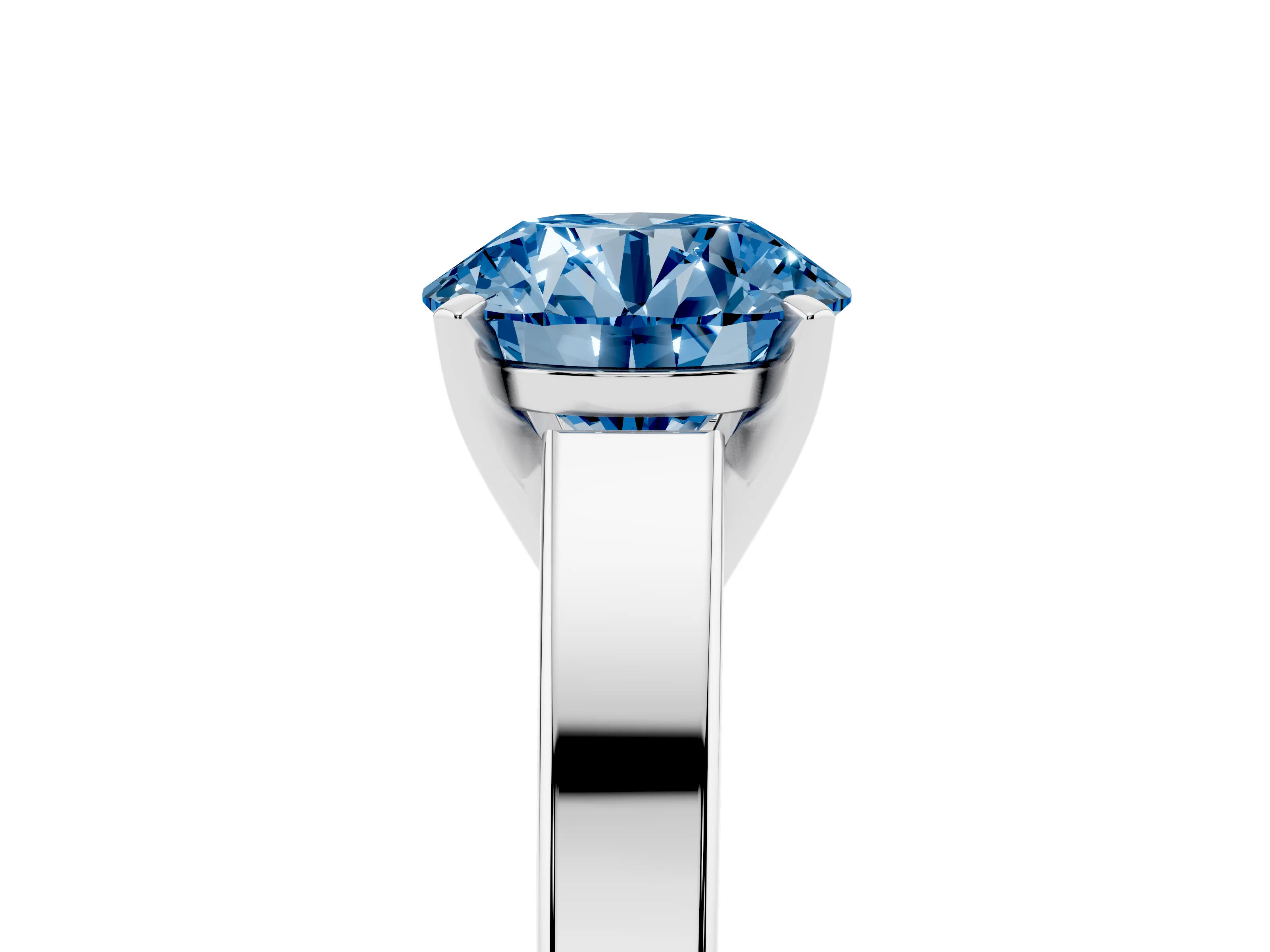 Fancy Blue Round Cut Diamond Solitaire Engagement Ring Set in White gold with Prong Setting and Tapered Band