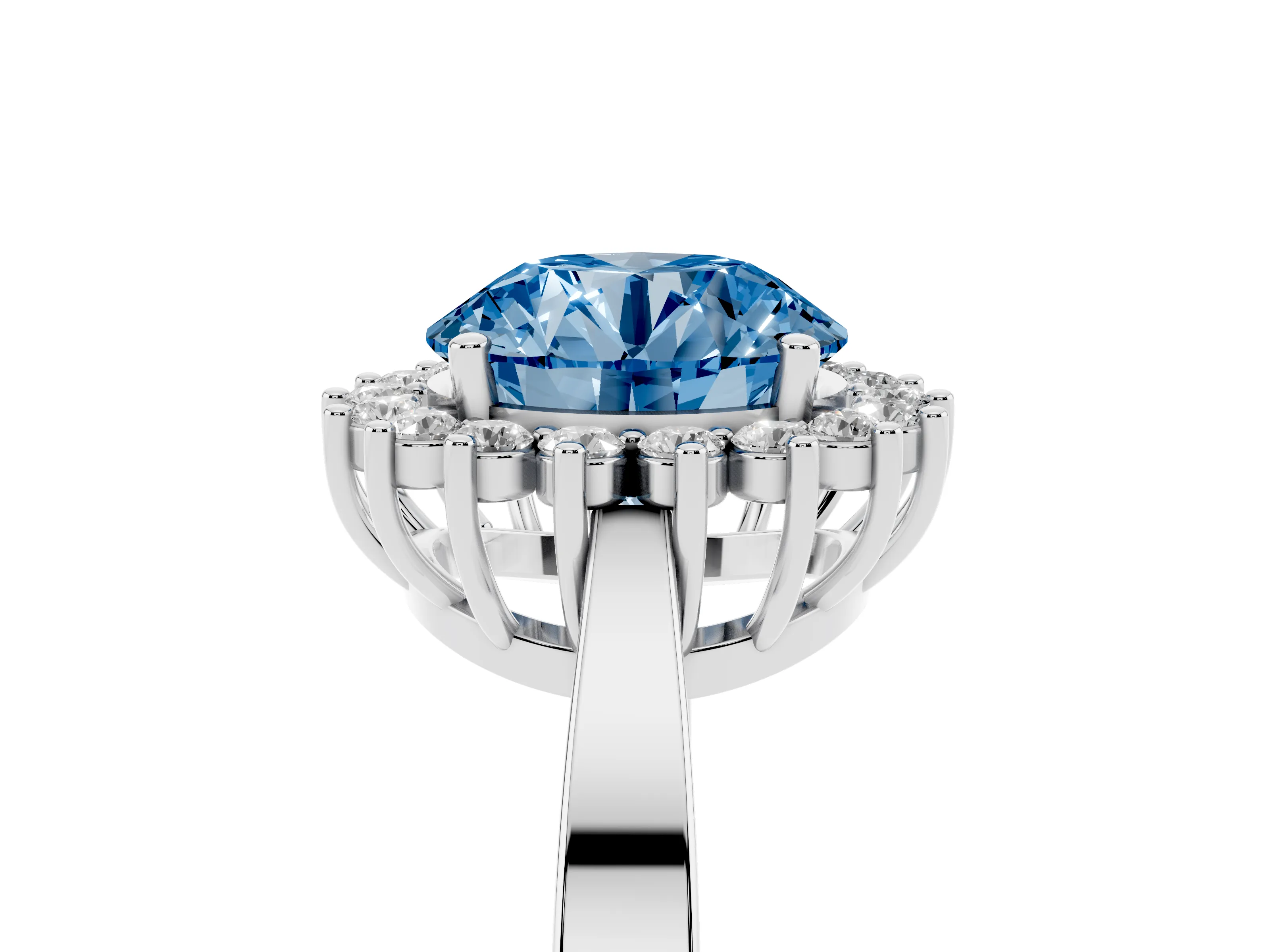 Fancy Blue Round Cut Diamond Halo Ring Set in Platinum with Round Halo and Smooth Solitaire Band
