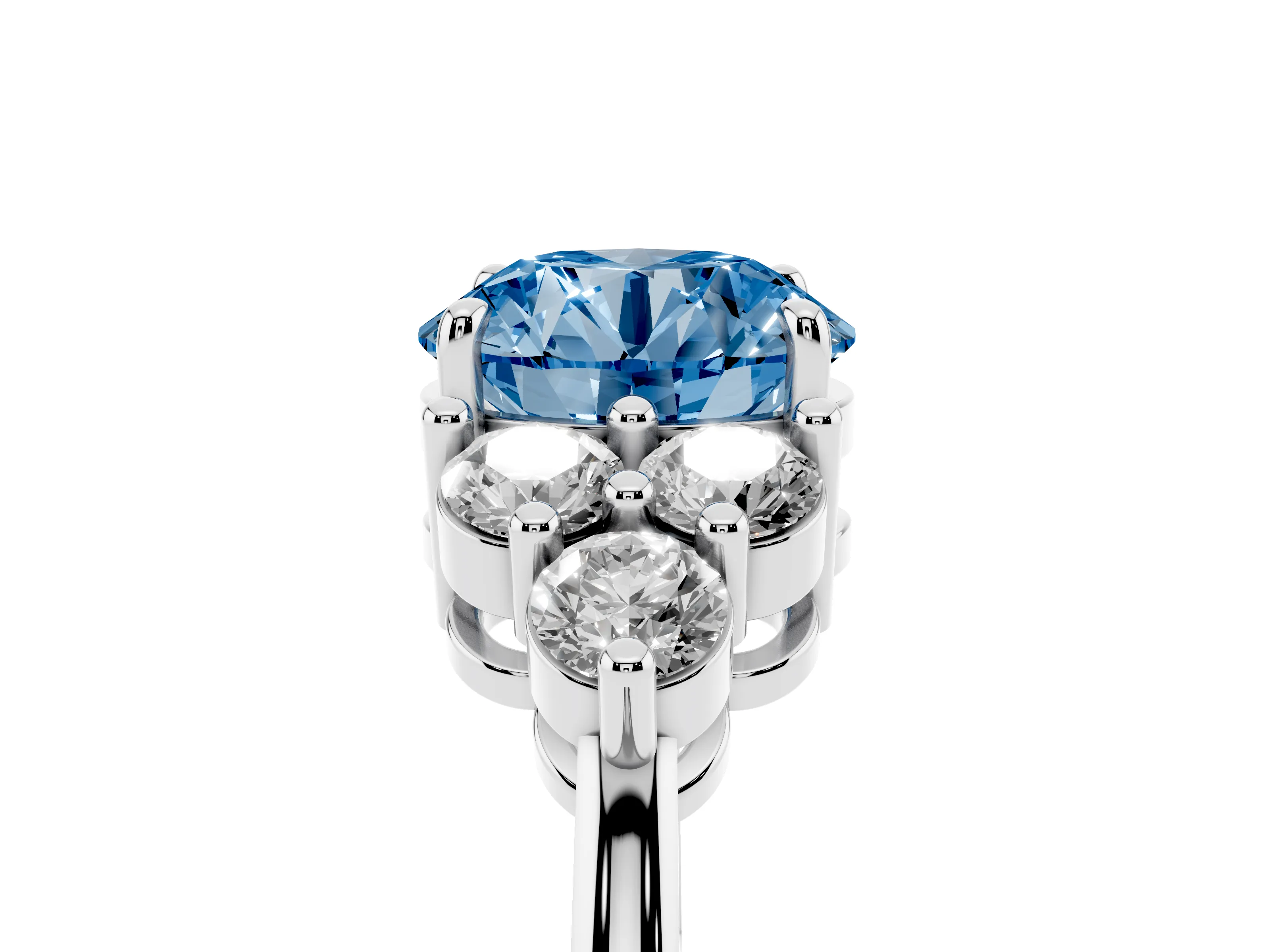 Fancy Blue Round Cut Diamond Solitaire Ring Set in Silver with Cluster Accents on Each Side