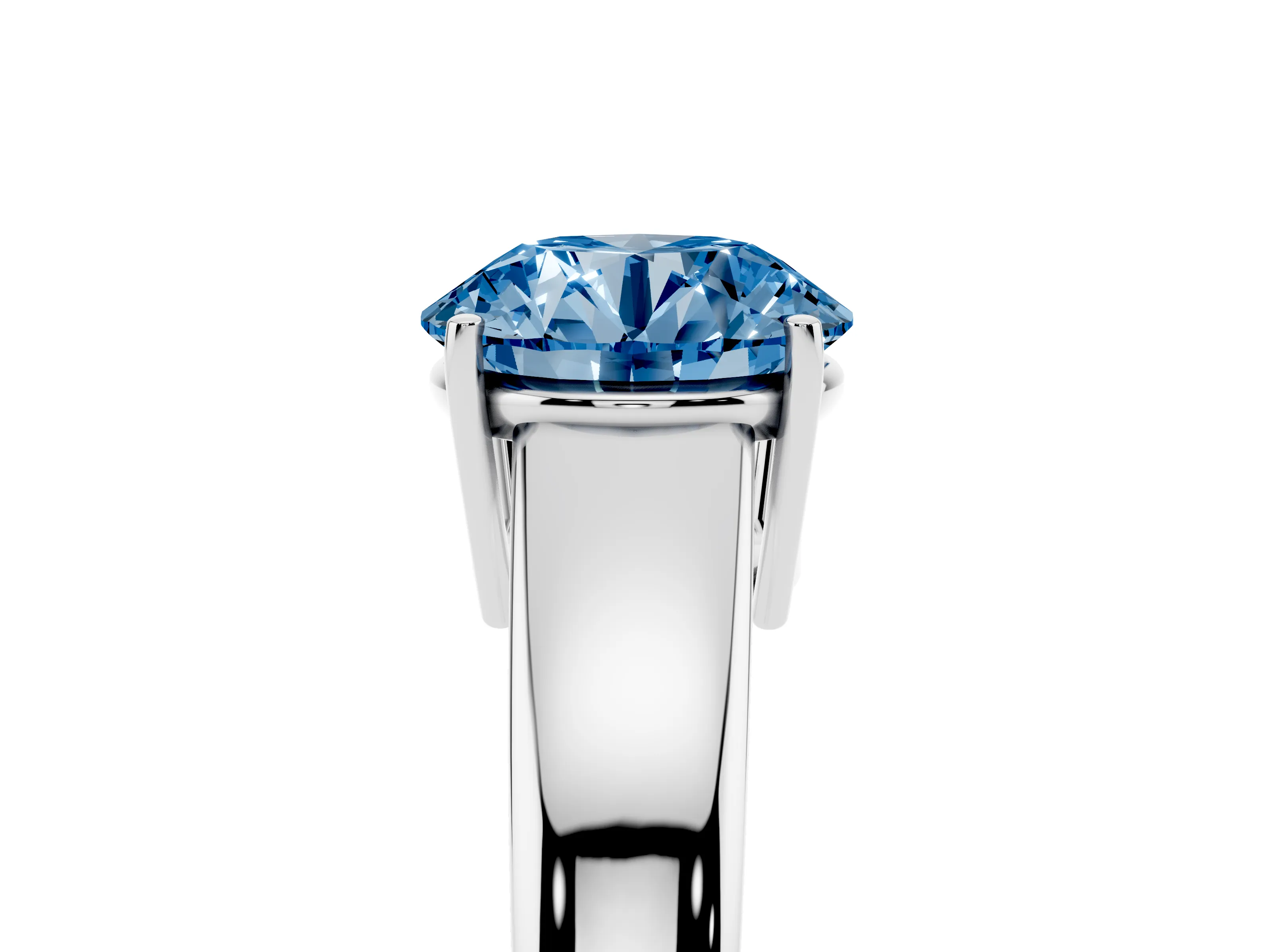 Fancy Blue Round Cut Diamond Solitaire Ring Set in Silver with Tapered Band and Prong Setting