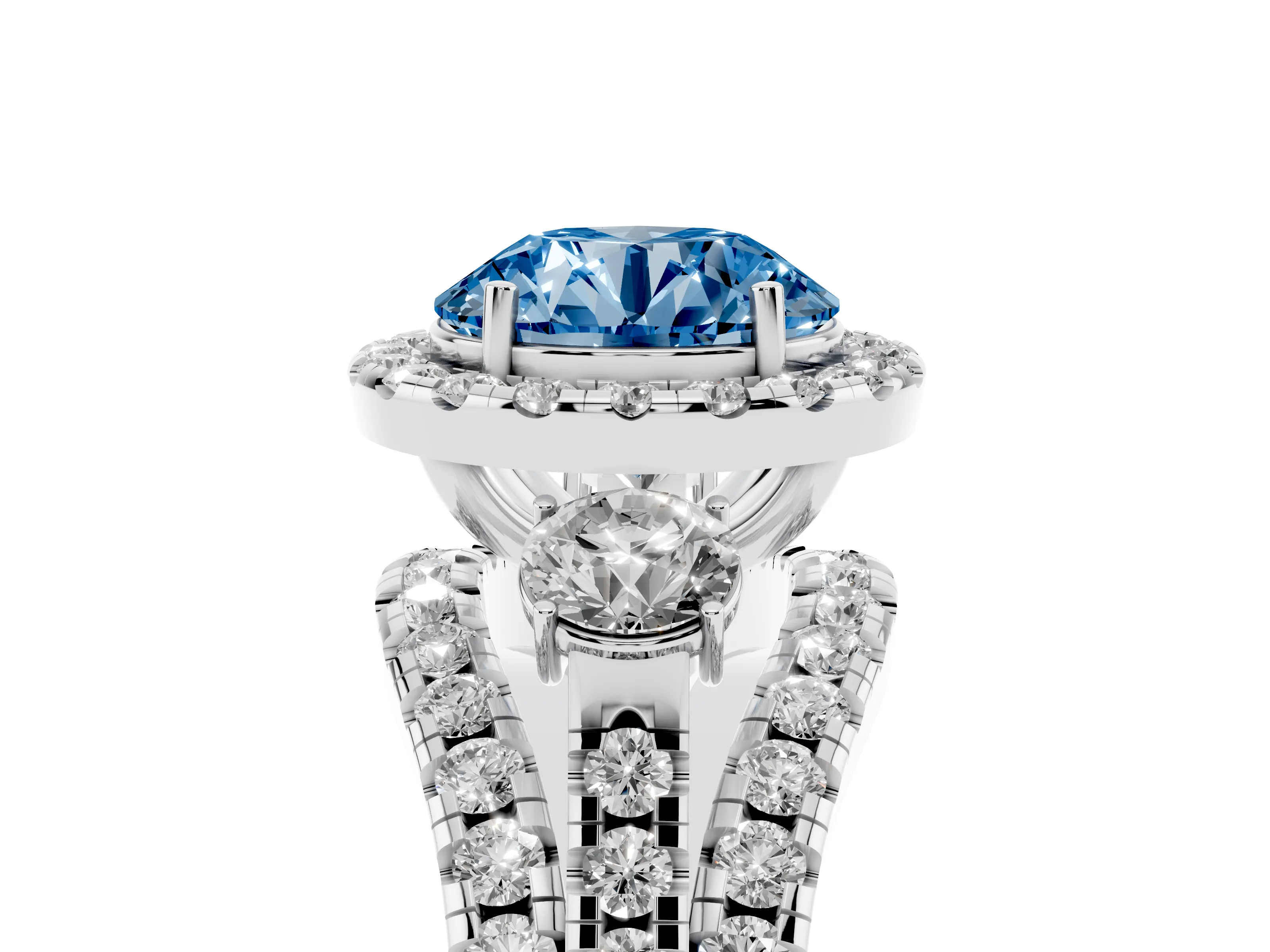 Fancy Blue Round Cut Diamond Halo Split Shank Ring Set in White gold with Round Accent Stones and Prong Setting