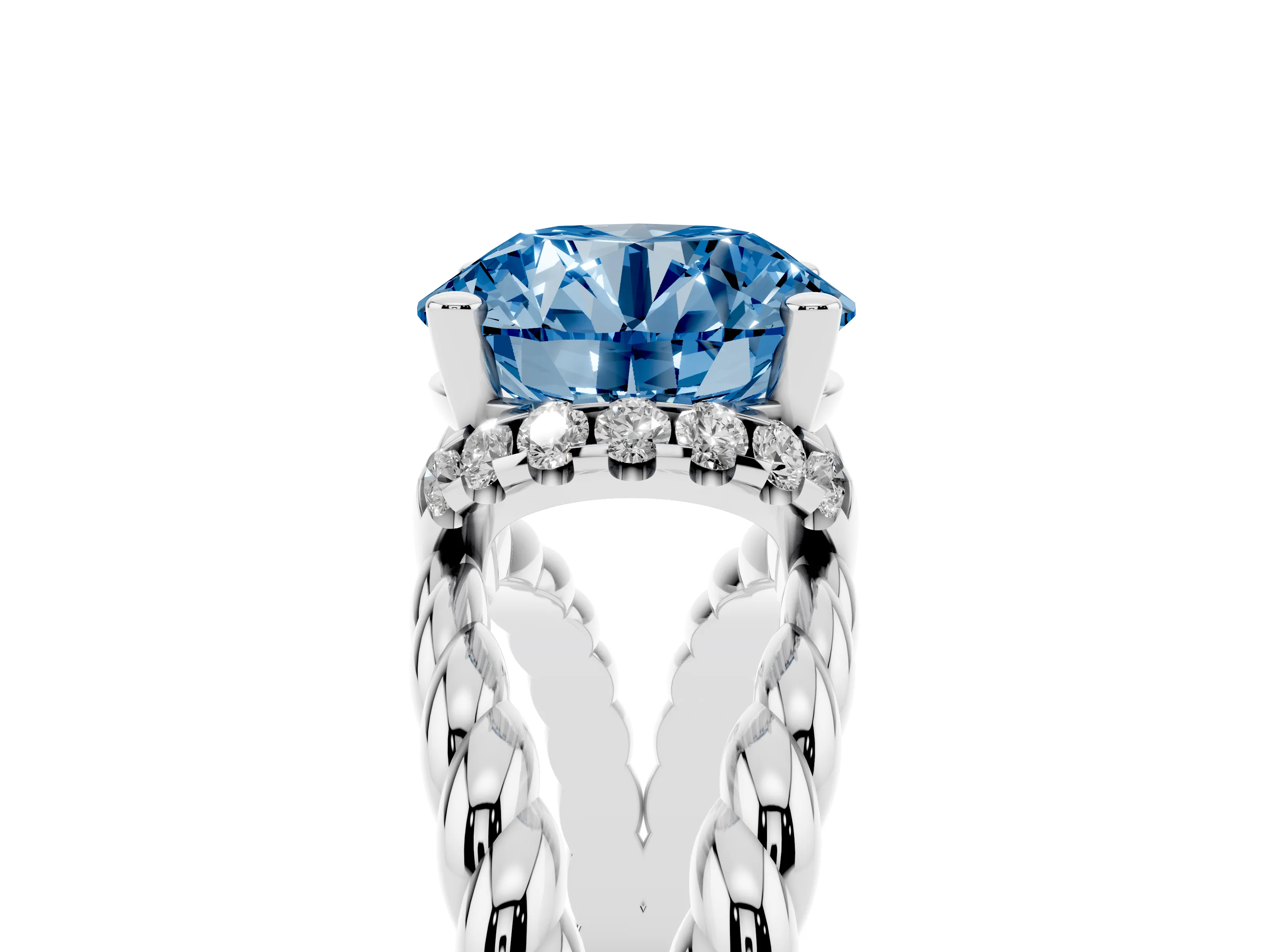 Fancy Blue Round Cut Diamond Halo Ring Set in Platinum with Twisted Band and Prong Setting