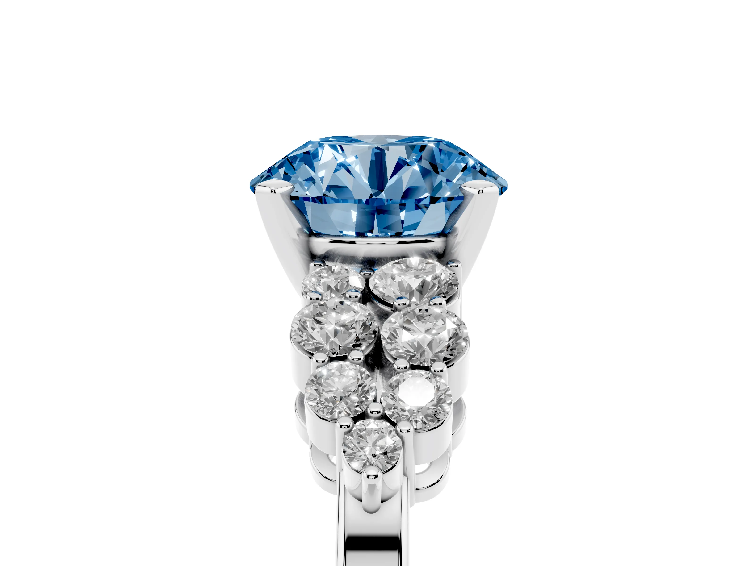 Fancy Blue Round Cut Diamond Cluster Engagement Ring Set in Silver with Pavé Band and Prong Setting