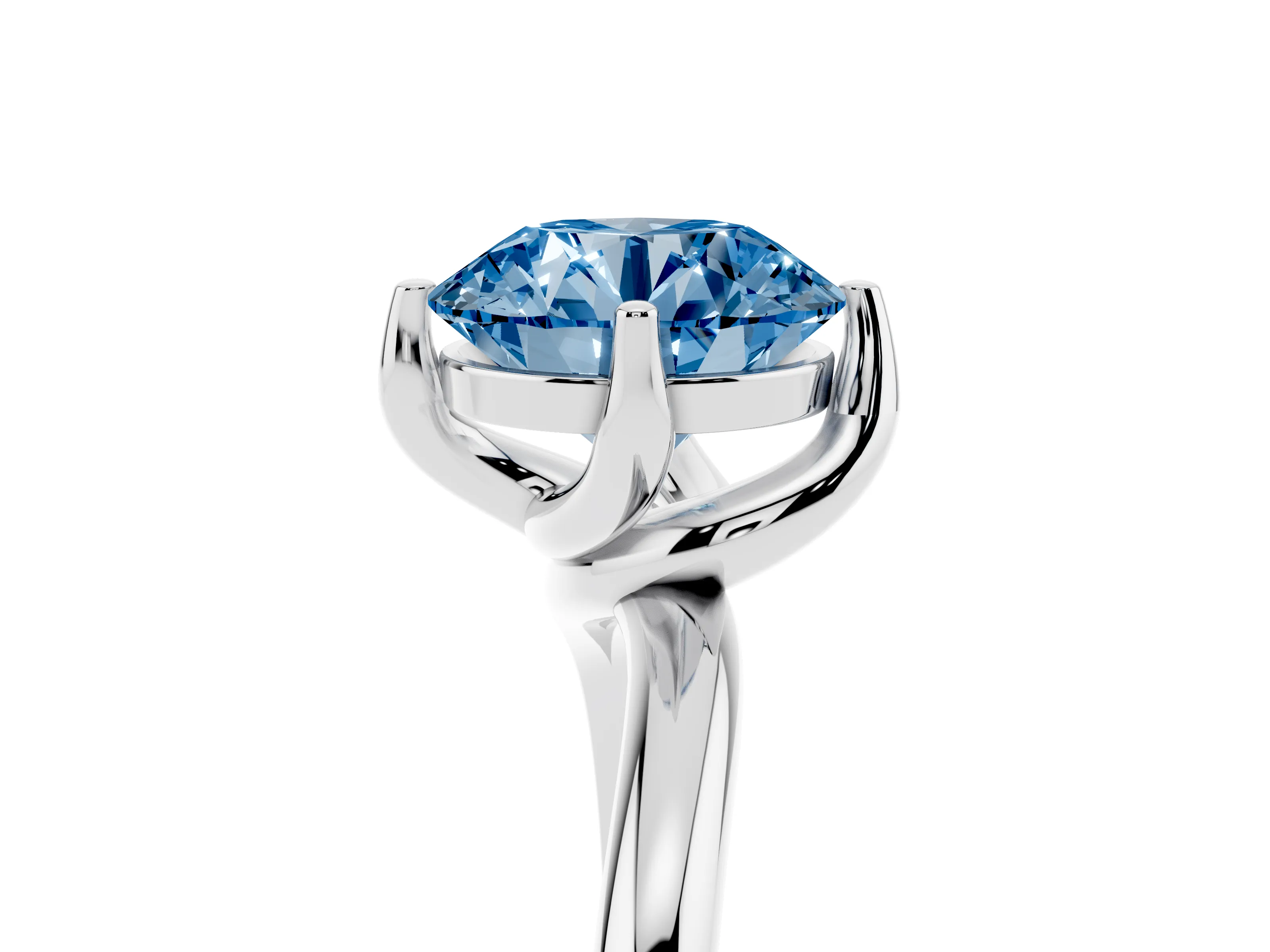 Fancy Blue Round Cut Diamond Solitaire Engagement Ring Set in Silver with Classic Plain Band
