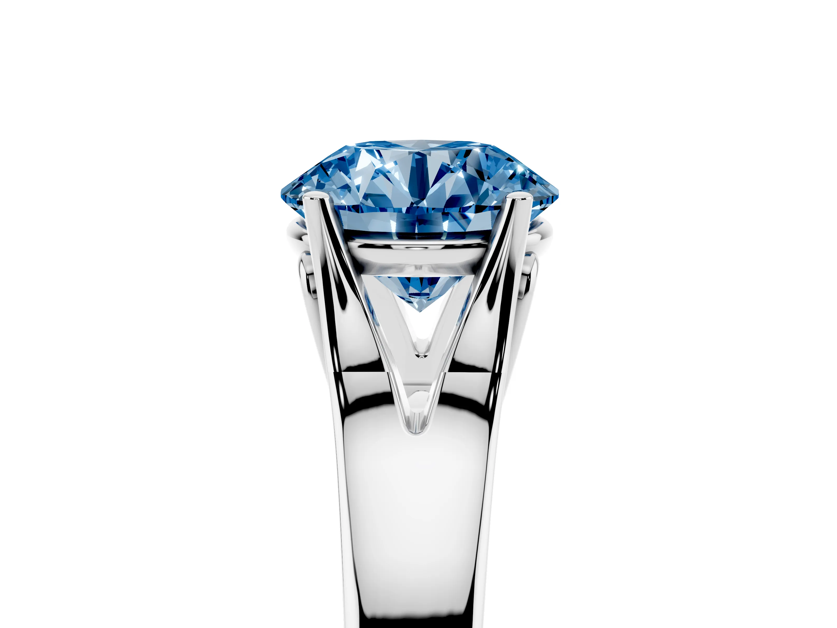 Fancy Blue Round Cut Diamond Solitaire Ring Set in White gold with Arched Cathedral Band and Prong Setting