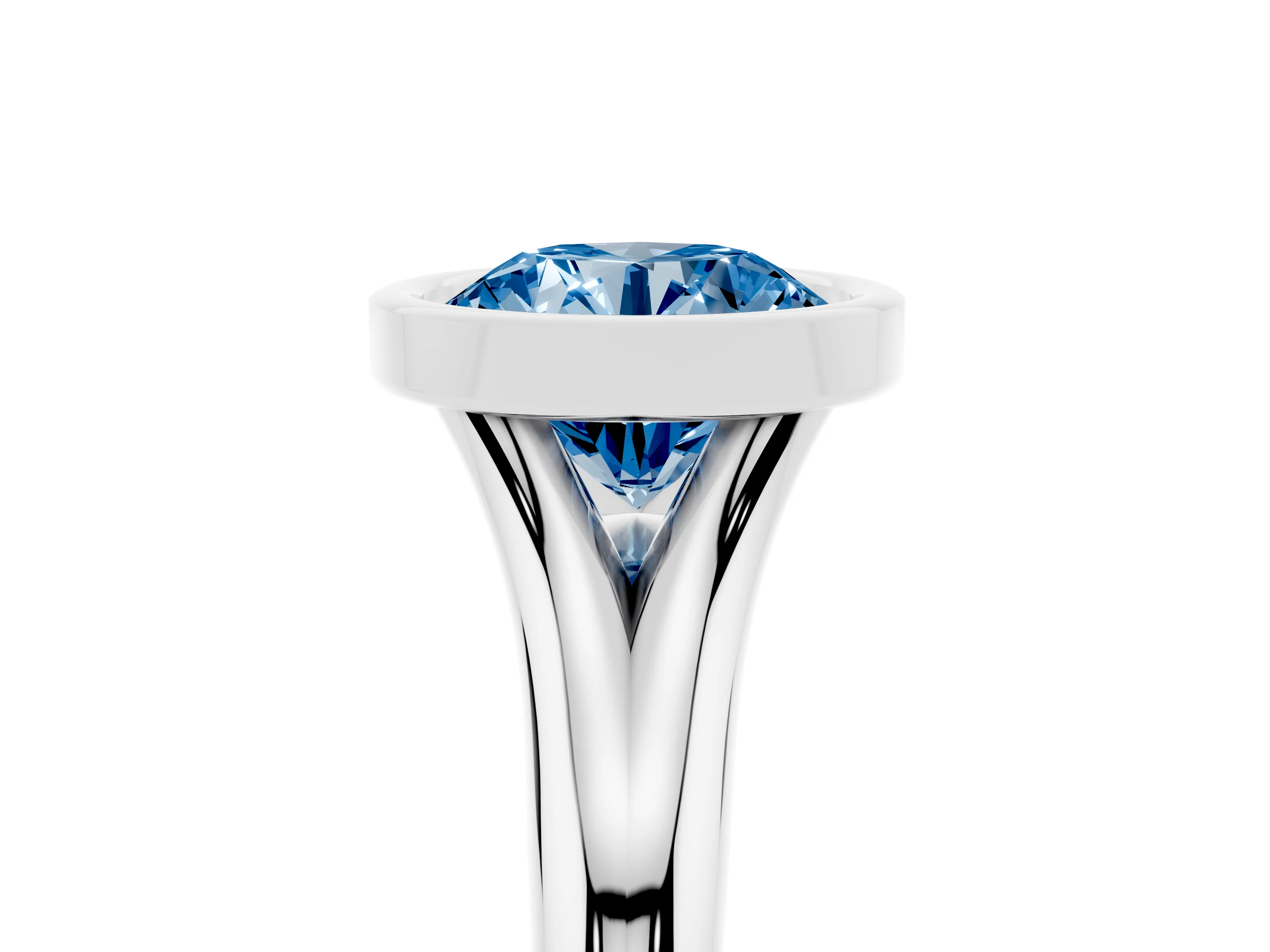 Fancy Blue Bezel Set Round Cut Diamond Solitaire Ring Set in Platinum with Smooth Band