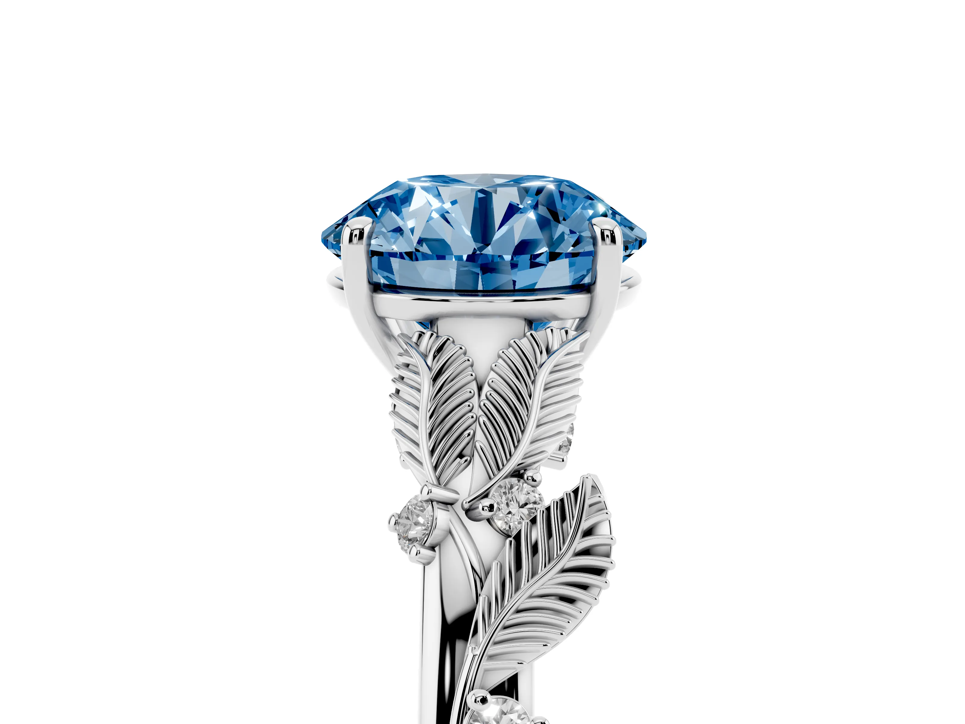 Fancy Blue Round Cut Diamond Solitaire Ring Set in White gold with Leaf Motif Band