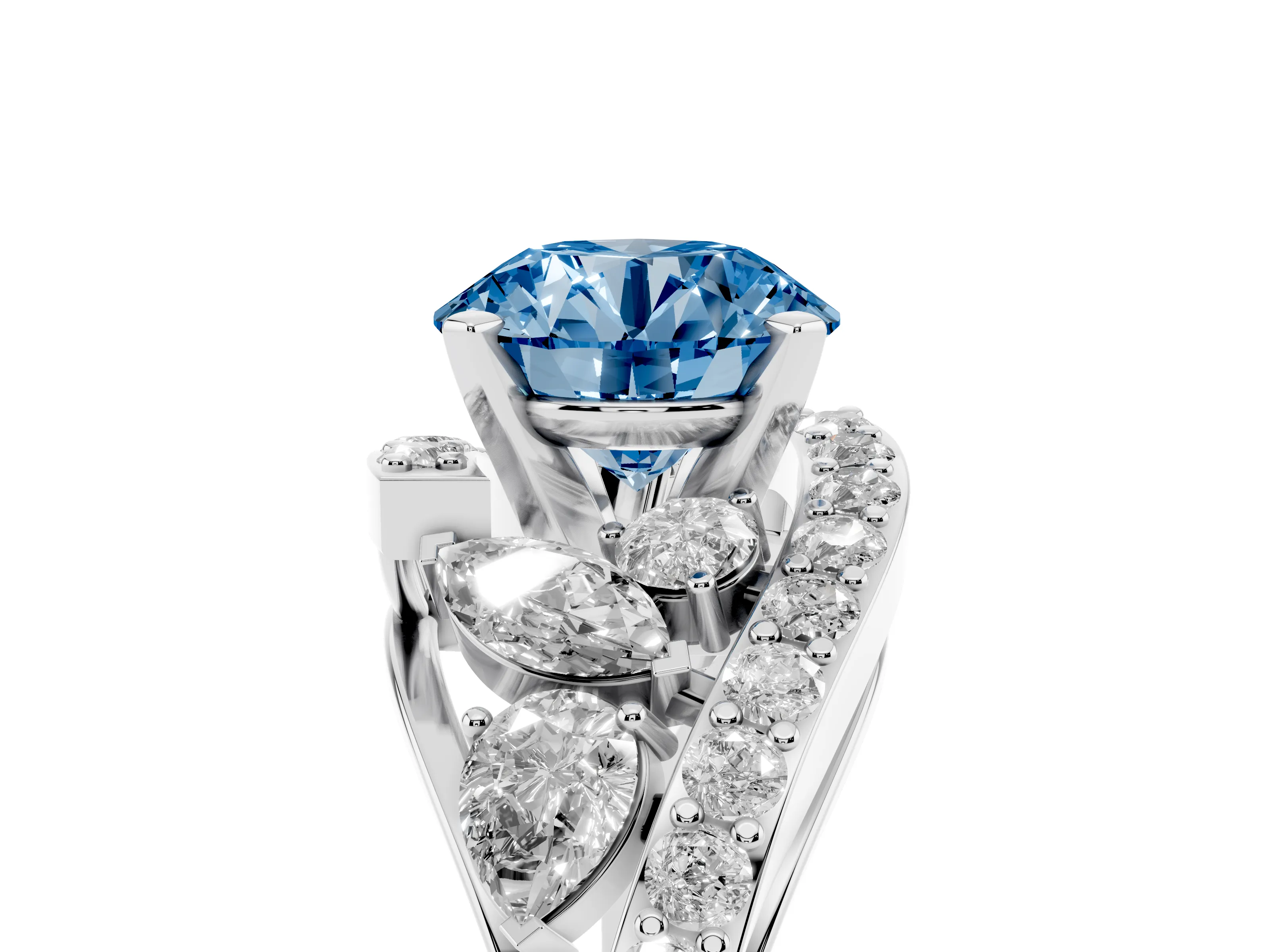 Fancy Blue Round Cut Diamond Halo Ring Set in Platinum with Marquise and Pavé Band in Prong Setting