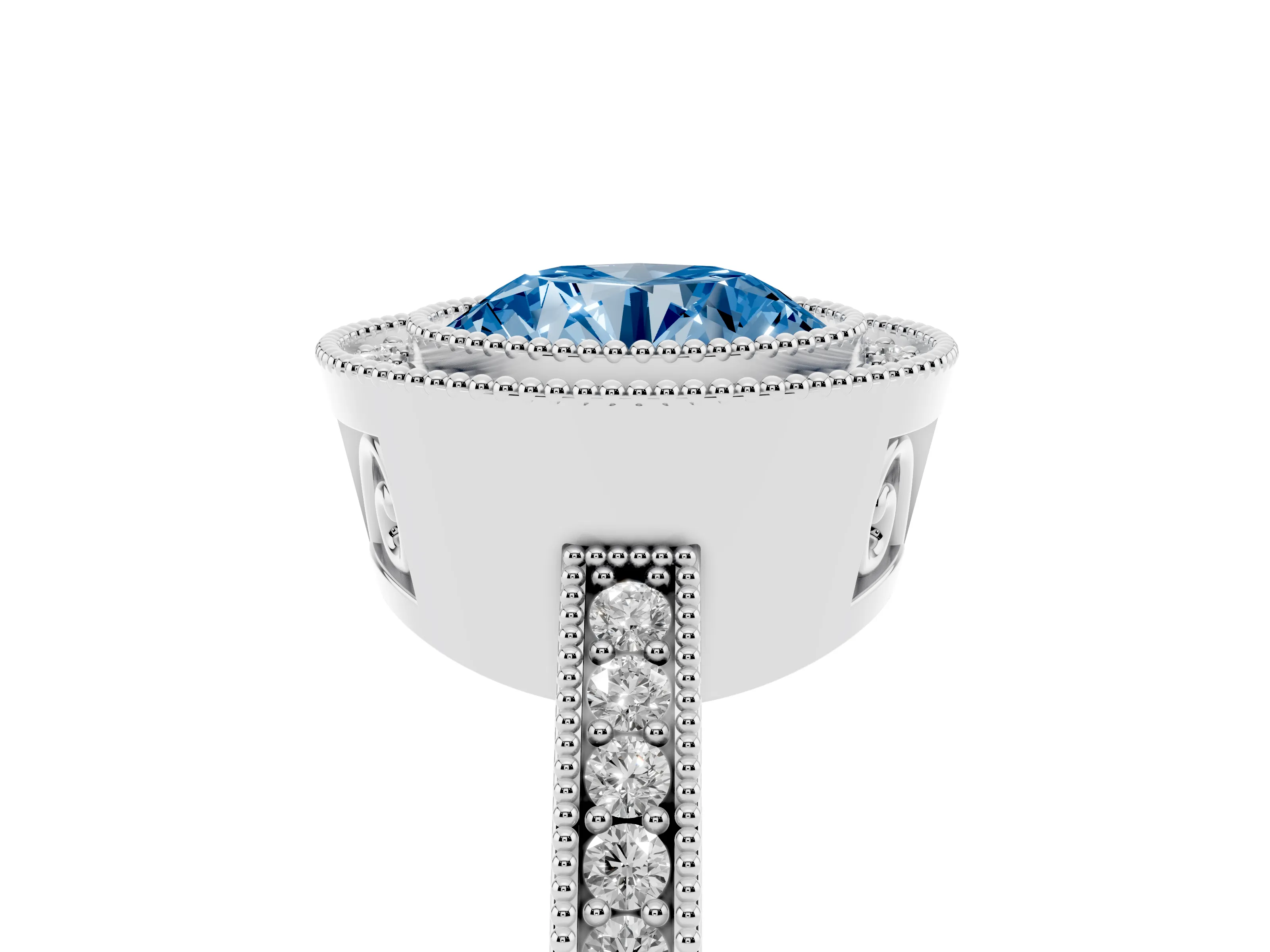 Fancy Blue Round Cut Diamond Round Halo Ring Set in White gold with Pavé Band
