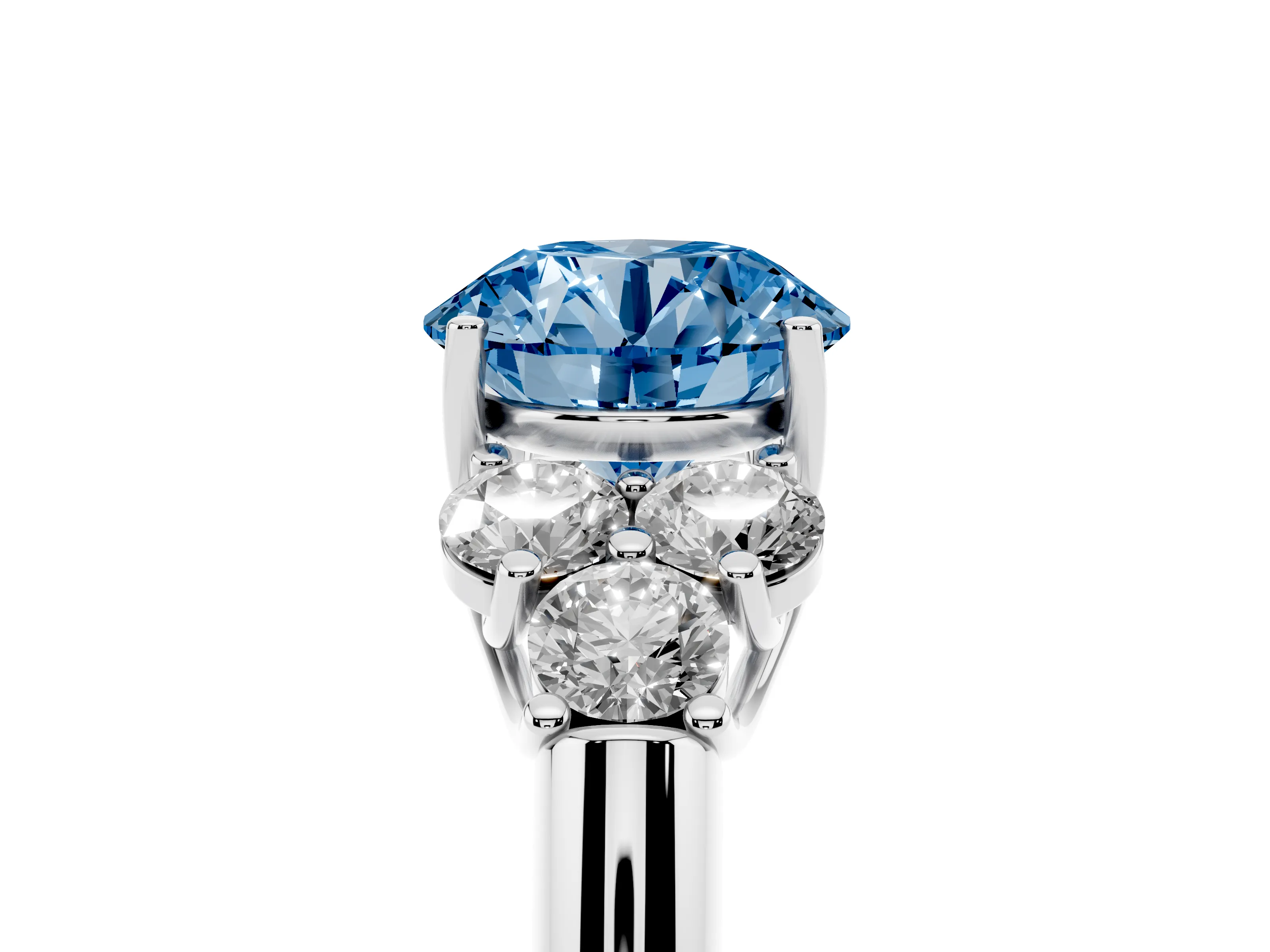 Fancy Blue Round Cut Diamond Cluster Ring Set in Platinum with Round Accent Stones and Prong Setting on a Plain Band