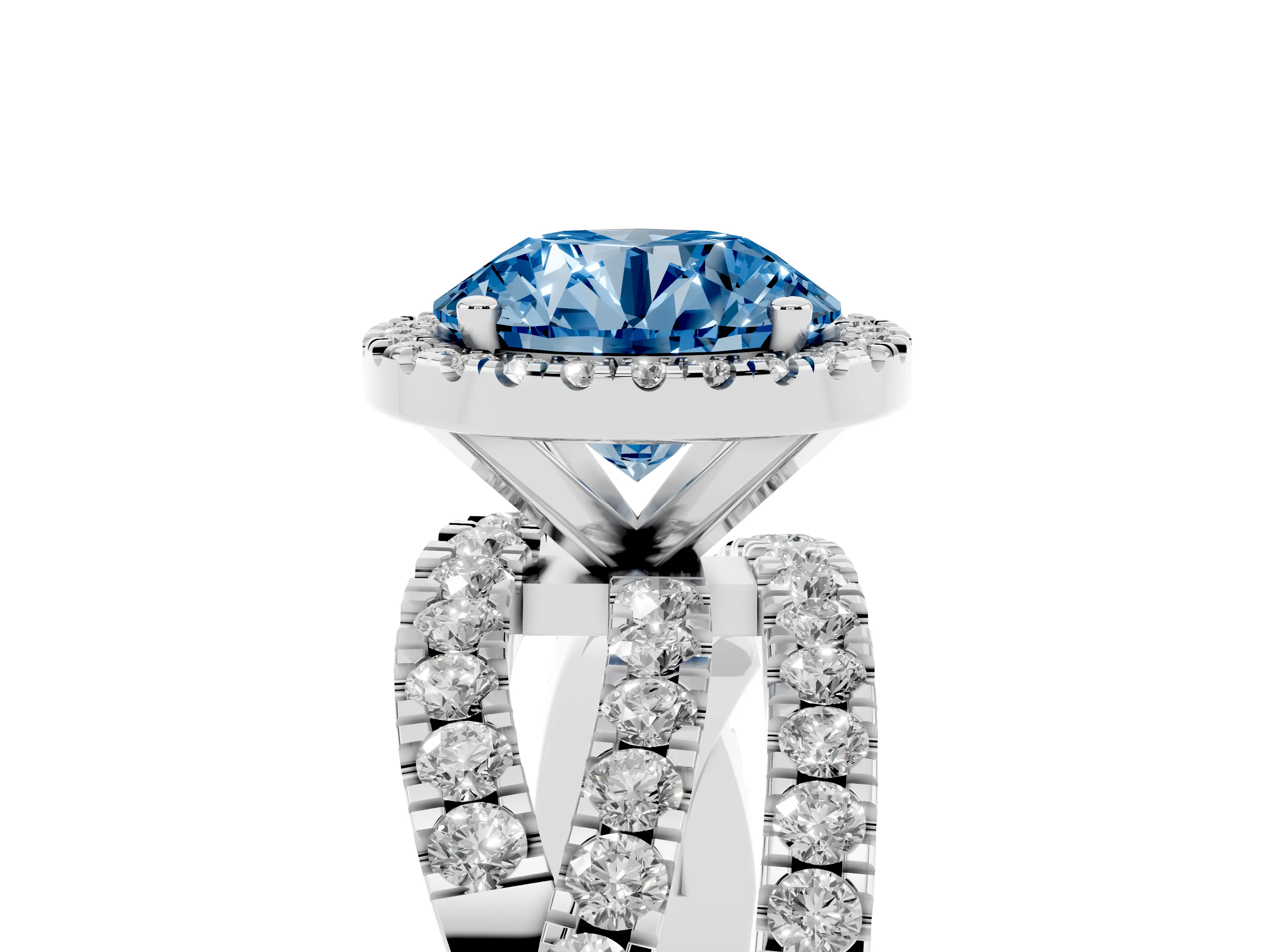 Fancy Blue Round Cut Diamond Halo Ring Set in Silver with Round Crossover Split Shank and Prong Setting