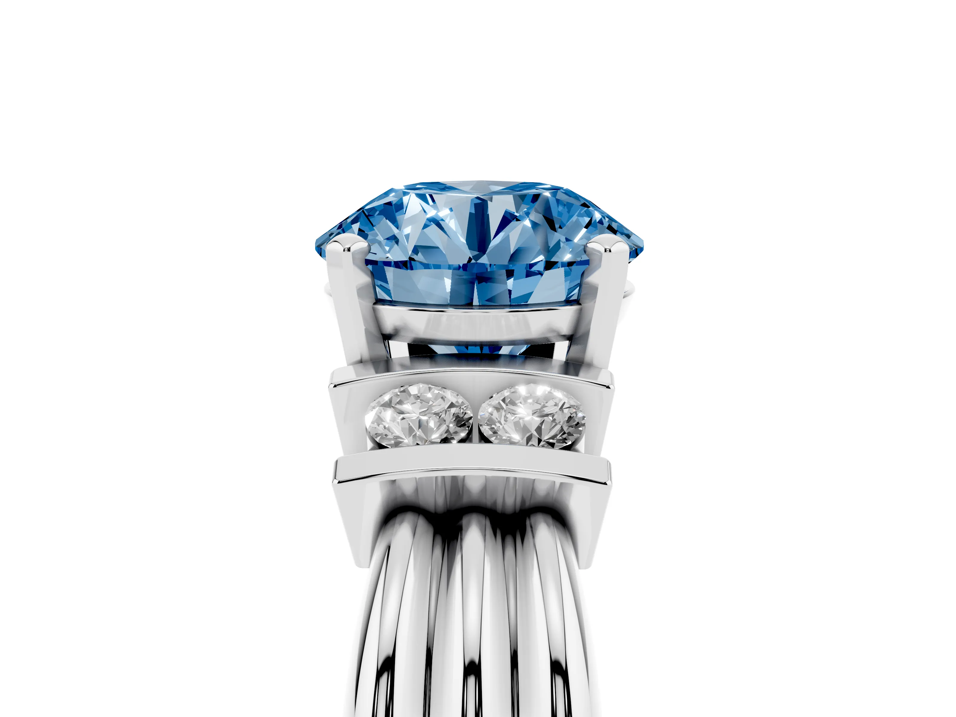 Fancy Blue Three-Stone Round Cut Diamond Channel Set Ring Set in White gold with Bar Prongs