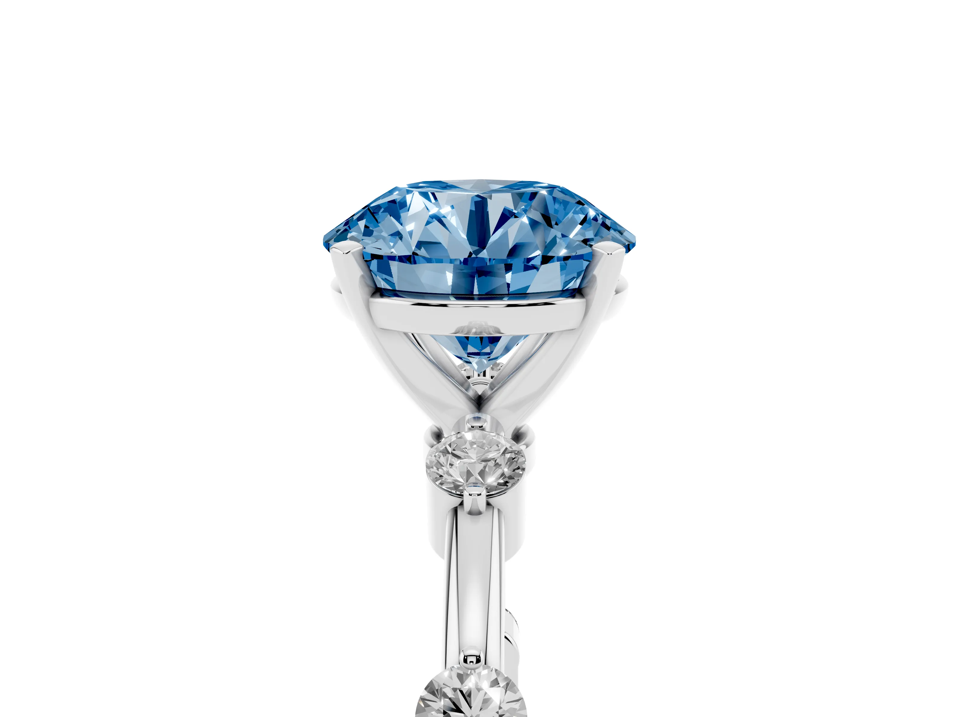 Fancy Blue Round Cut Diamond Solitaire Ring Set in Silver with Bezel Set Side Stones and Prong Setting