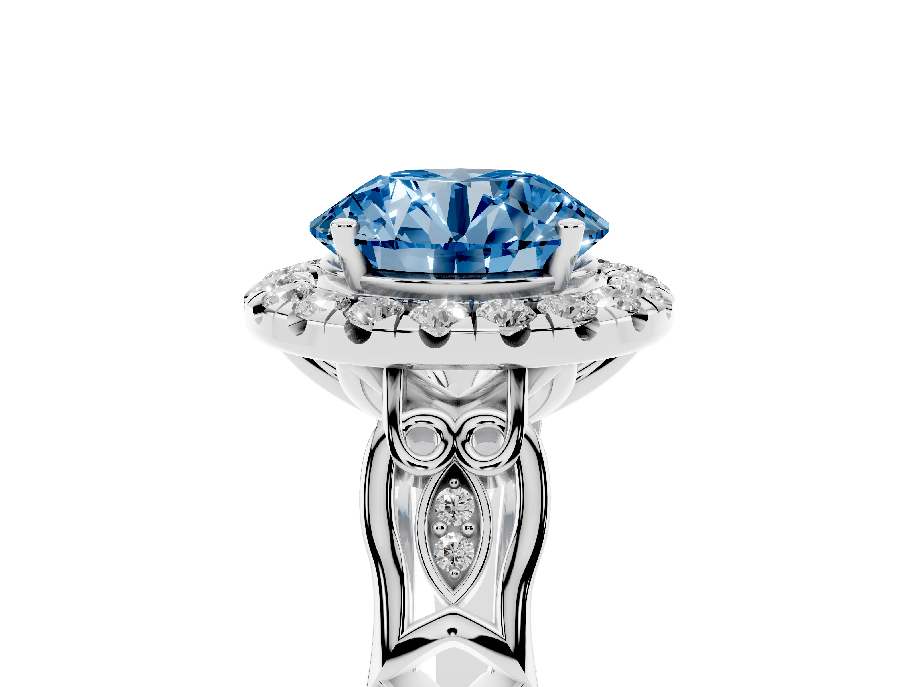 Fancy Blue Round Cut Diamond Halo Engagement Ring Set in Platinum with Filigree Band and Prong-Set Center