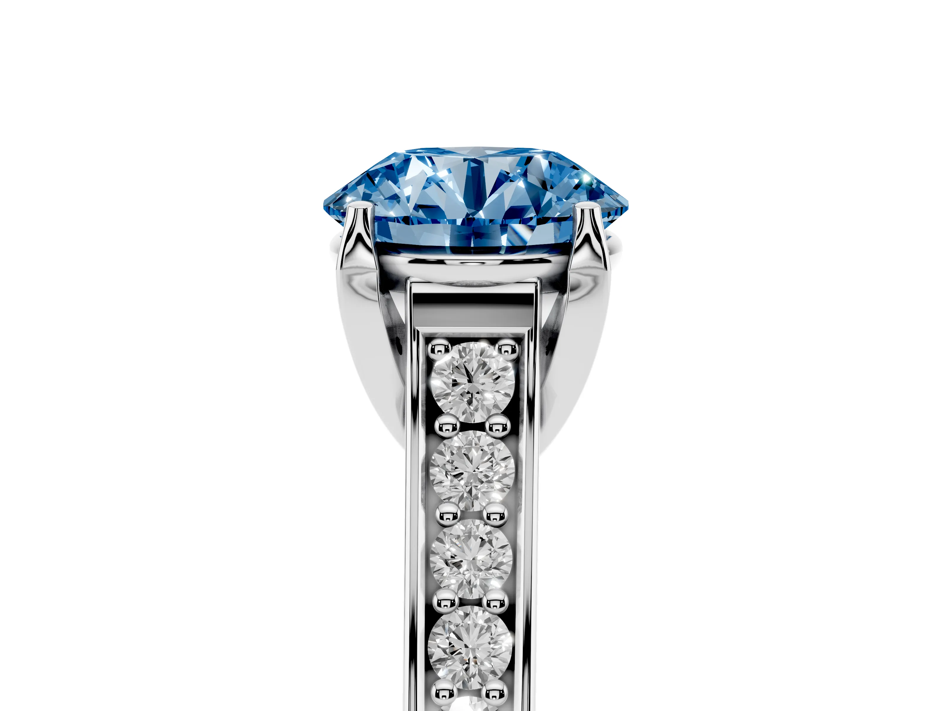 Fancy Blue Round Cut Diamond Solitaire Pavé Engagement Ring Set in Silver with Prong Setting