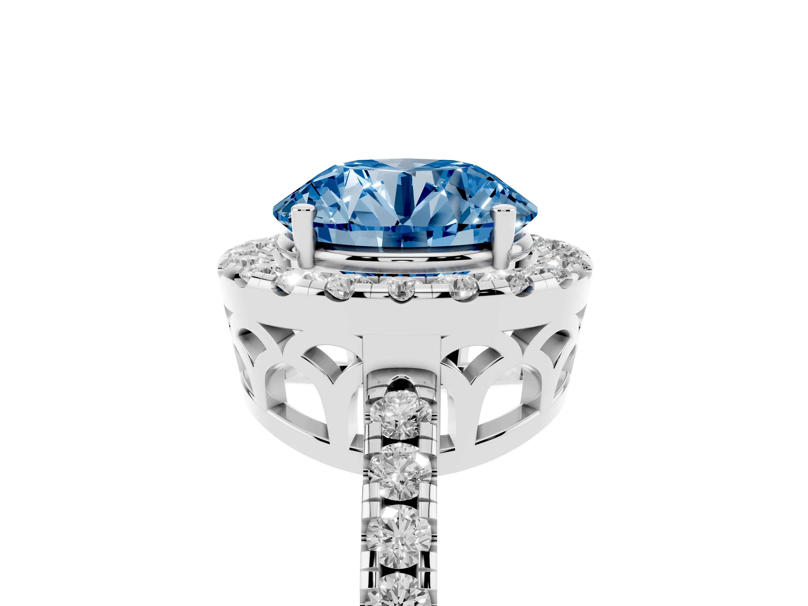 Fancy Blue Round Cut Diamond Pavé Band Halo Engagement Ring Set in White gold with Prong Setting