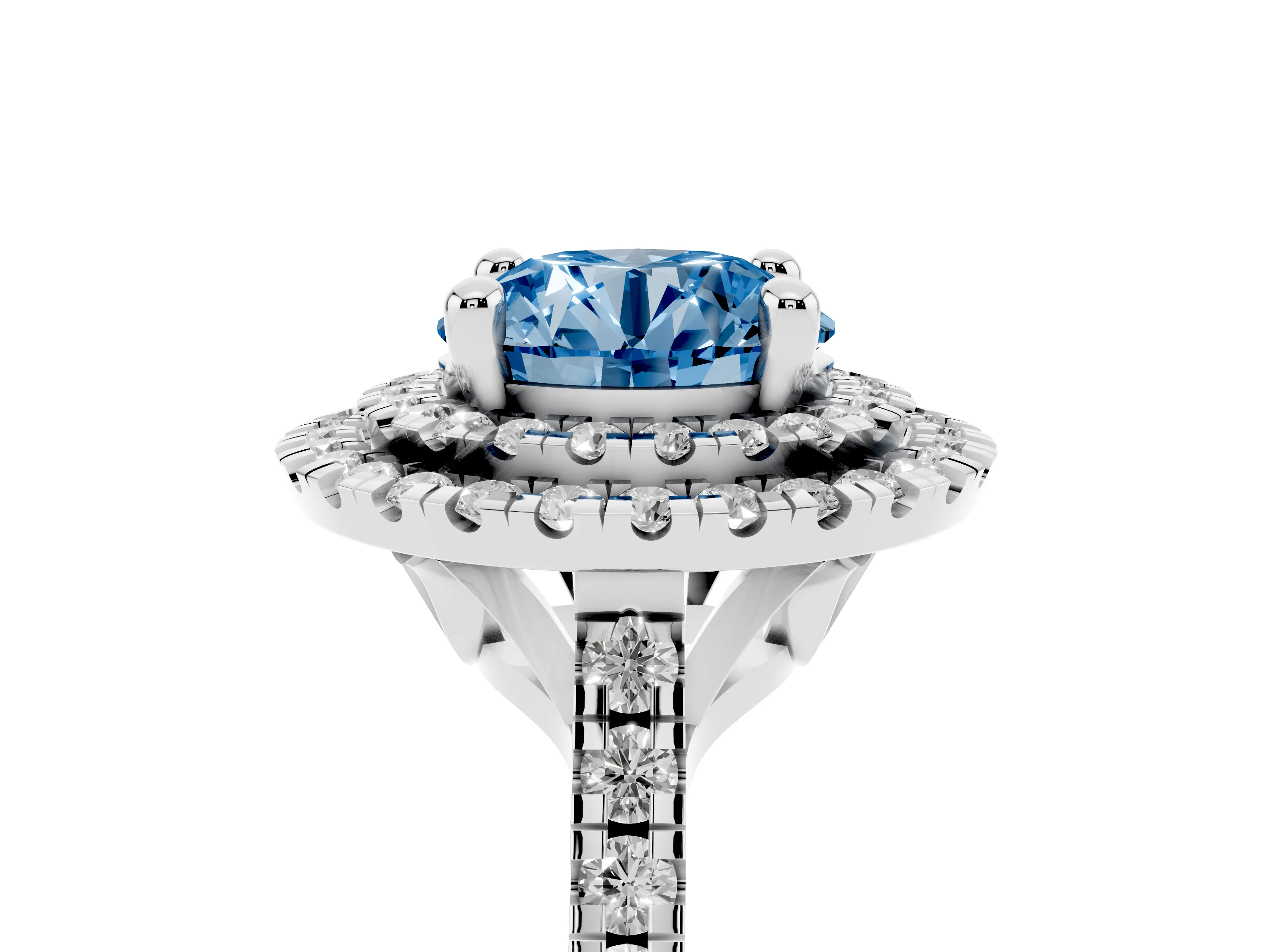 Fancy Blue Round Cut Diamond Double Halo Statement Ring Set in White gold with Pavé Band