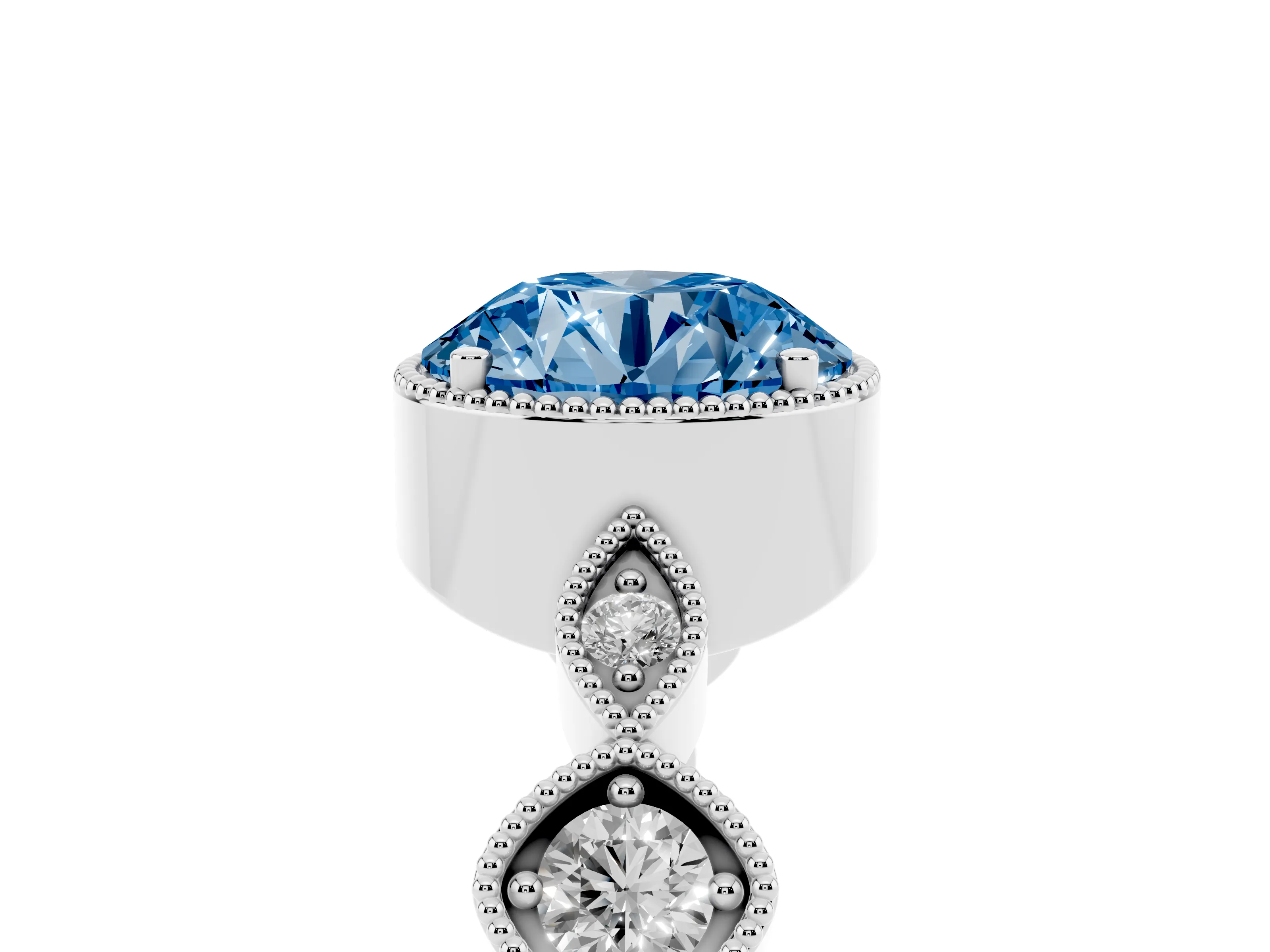 Fancy Blue Round Cut Diamond Vintage-Inspired Milgrain Ring Set in Platinum with Marquise Stations of Round Accents