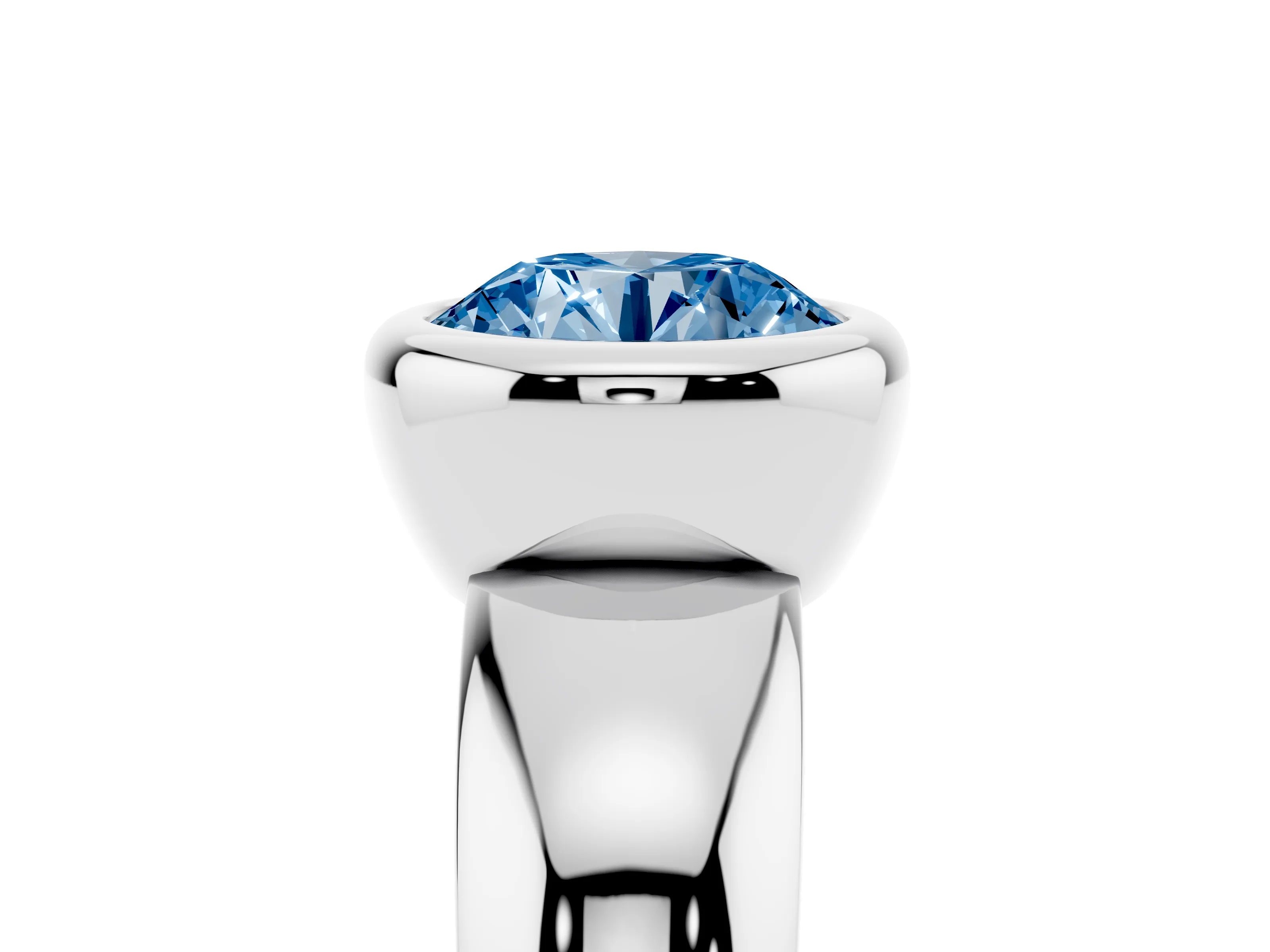 Fancy Blue Bezel Set Round Cut Diamond Solitaire Ring Set in Platinum with Wide Band