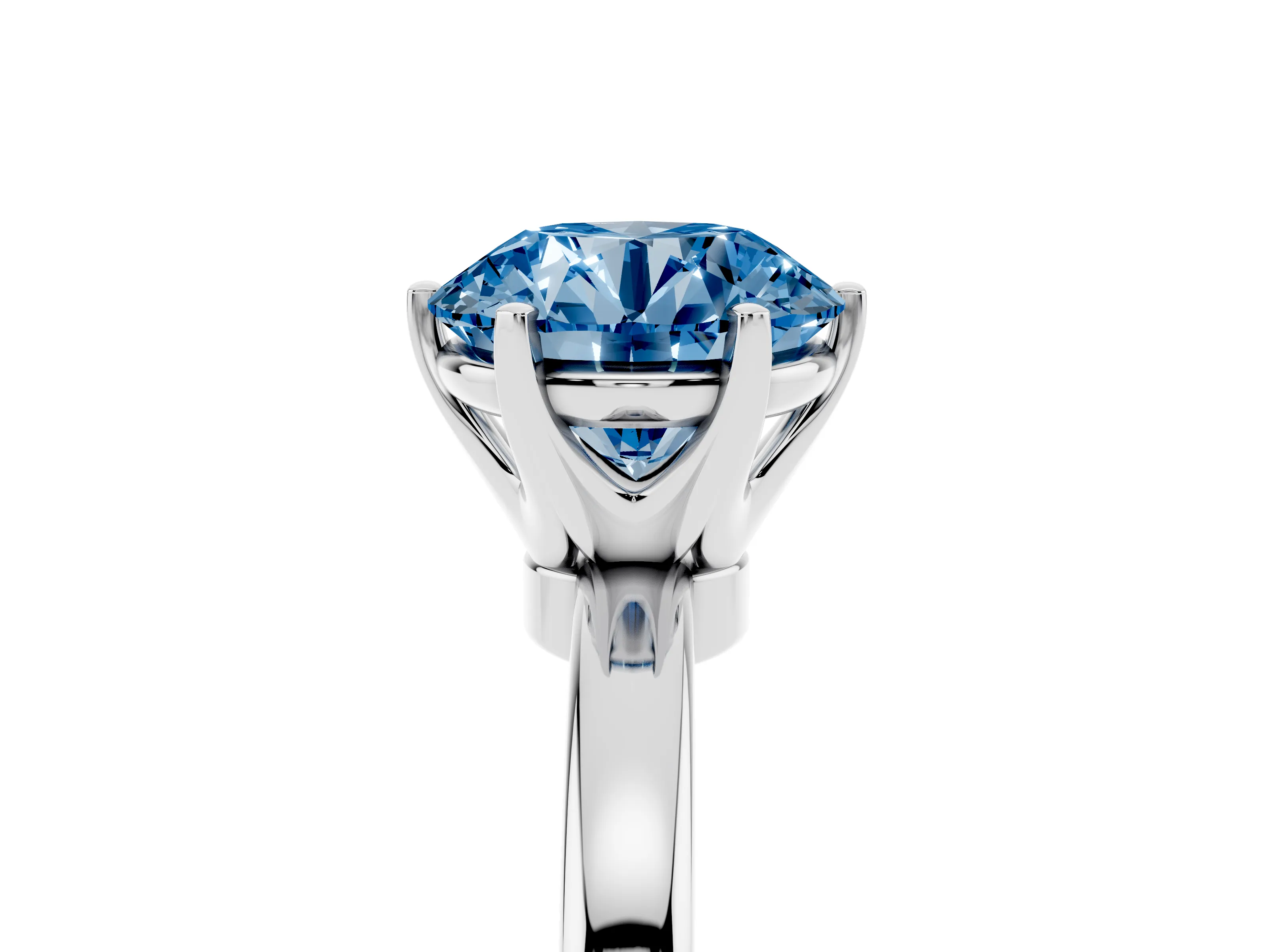 Fancy Blue Round Cut Diamond Solitaire Ring Set in White gold with Raised Prong Setting on a Classic Band