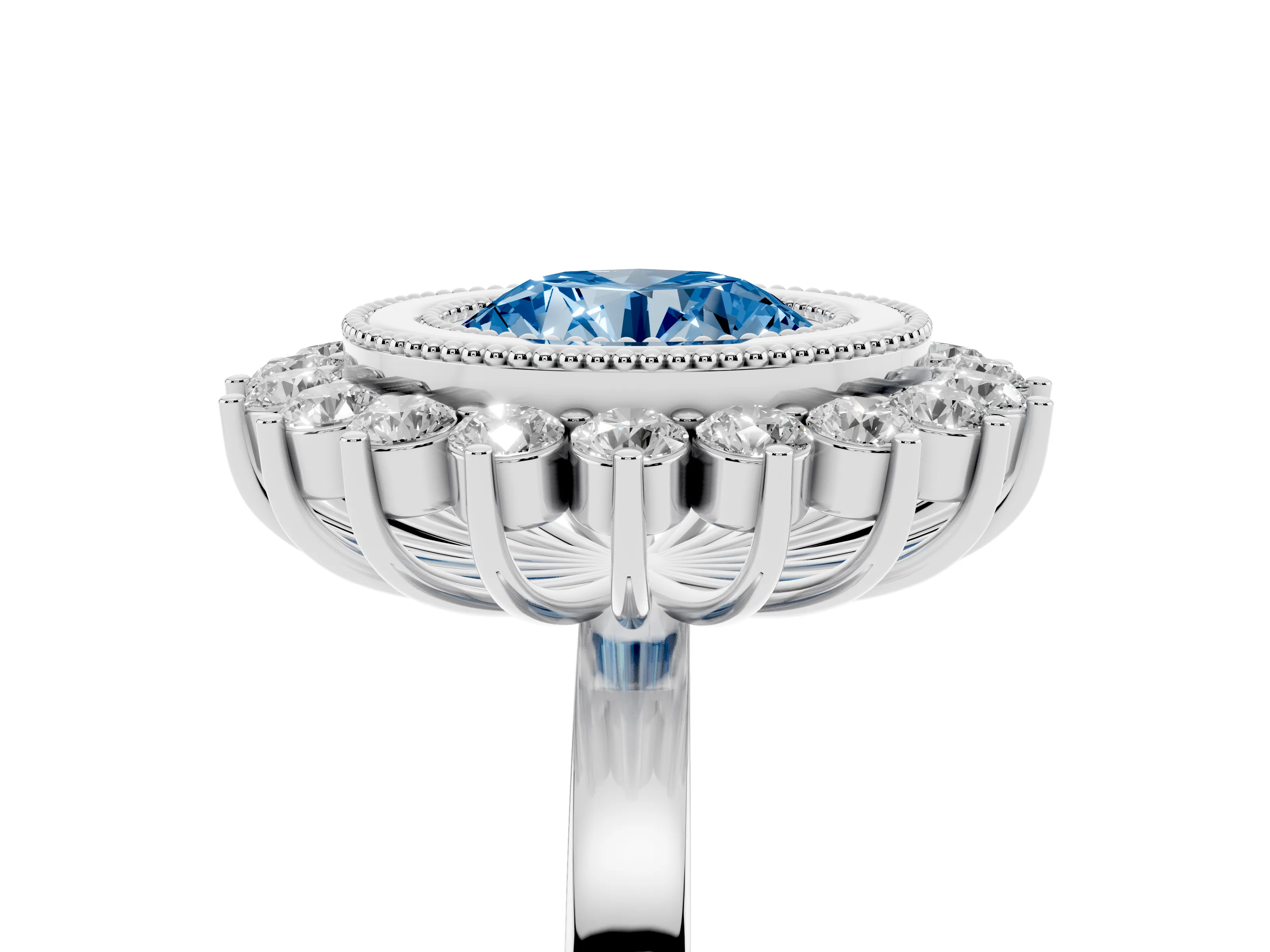 Fancy Blue Round Cut Diamond Halo Ring Set in Silver with Milgrain Edge and Round Prong Setting