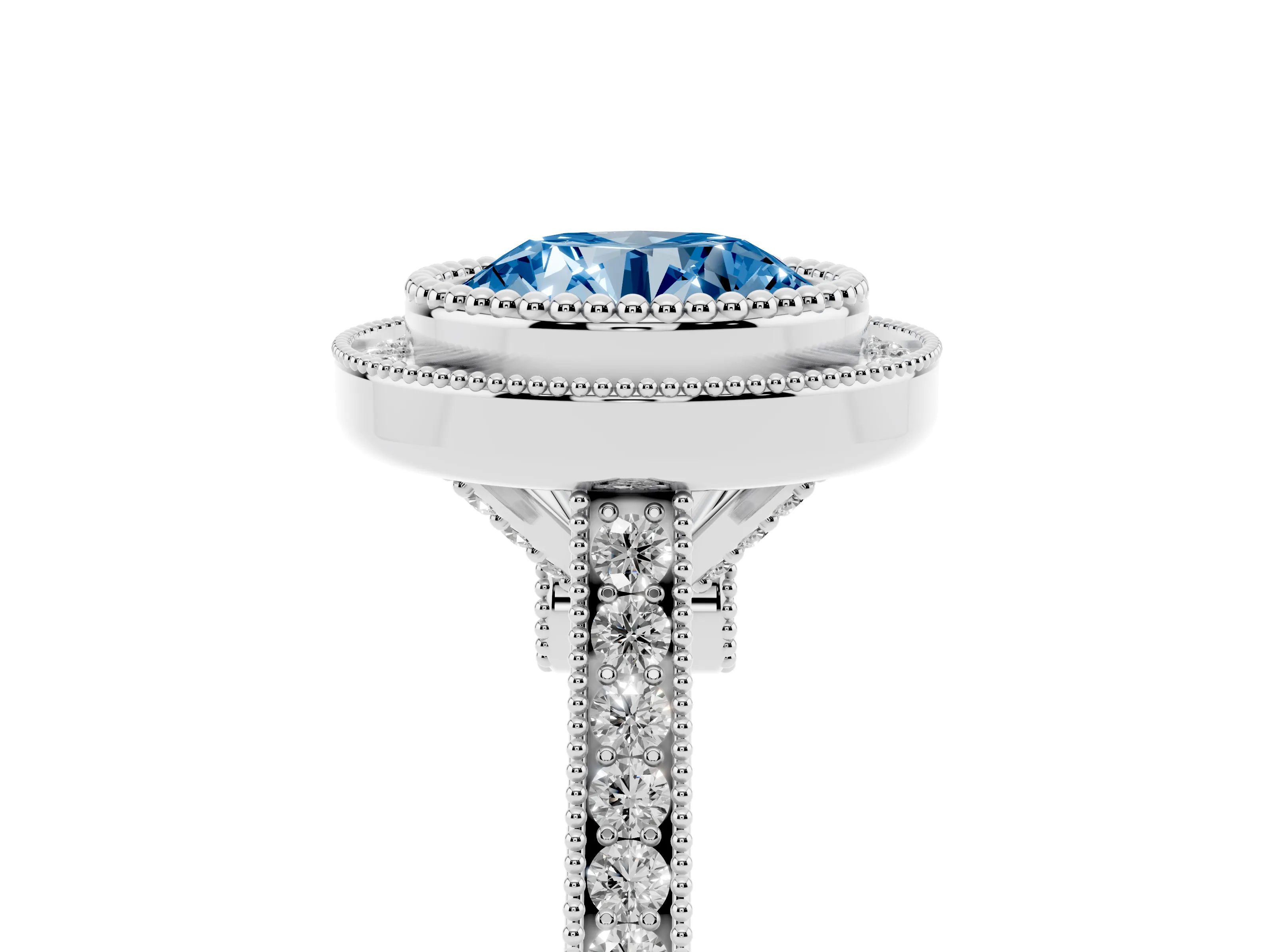 Fancy Blue Round Cut Diamond Halo Ring Set in Silver with Milgrain Frame and Pavé Band