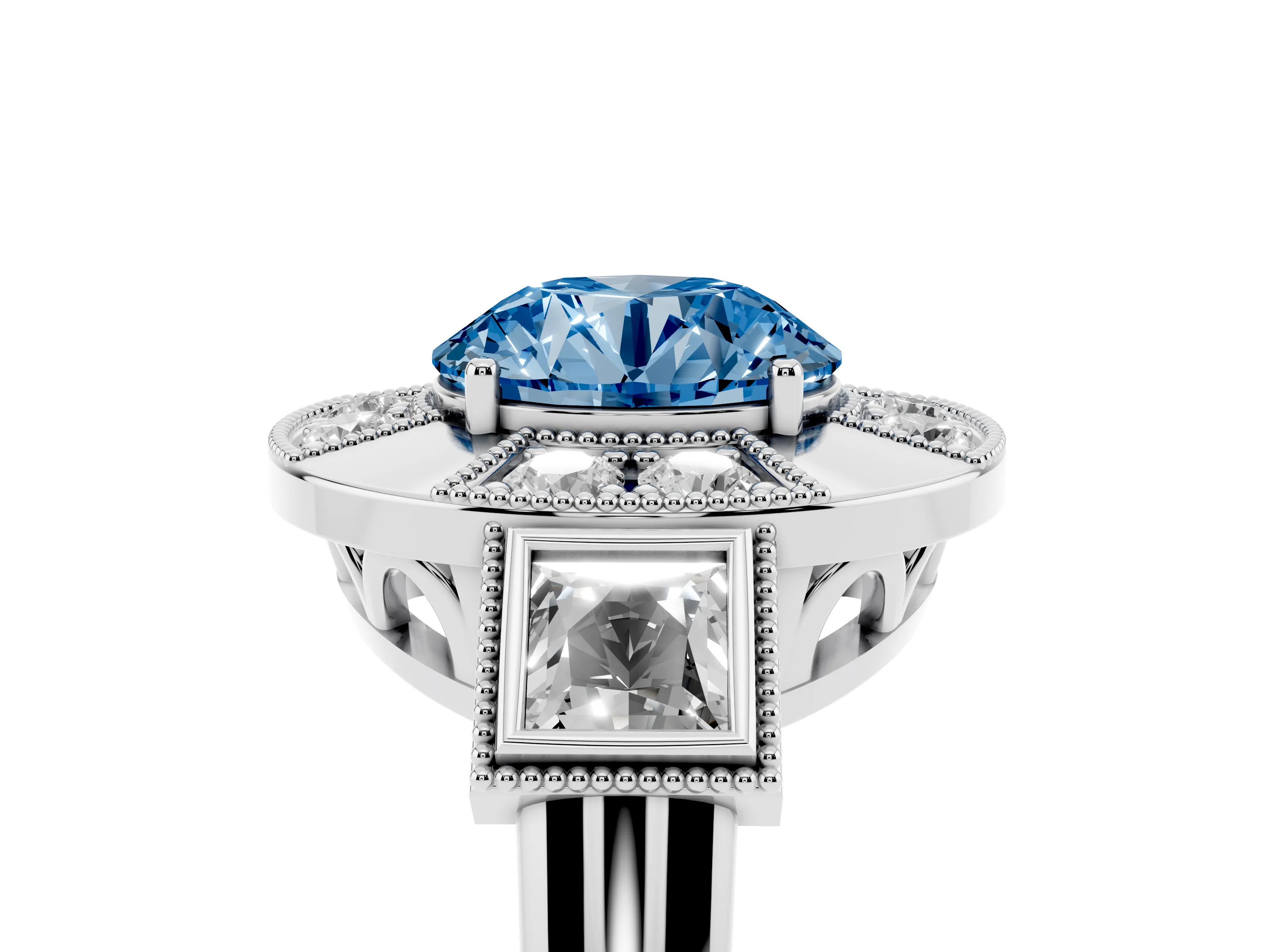 Fancy Blue Round Cut Diamond Milgrain Halo Ring Set in Silver with Split Shank