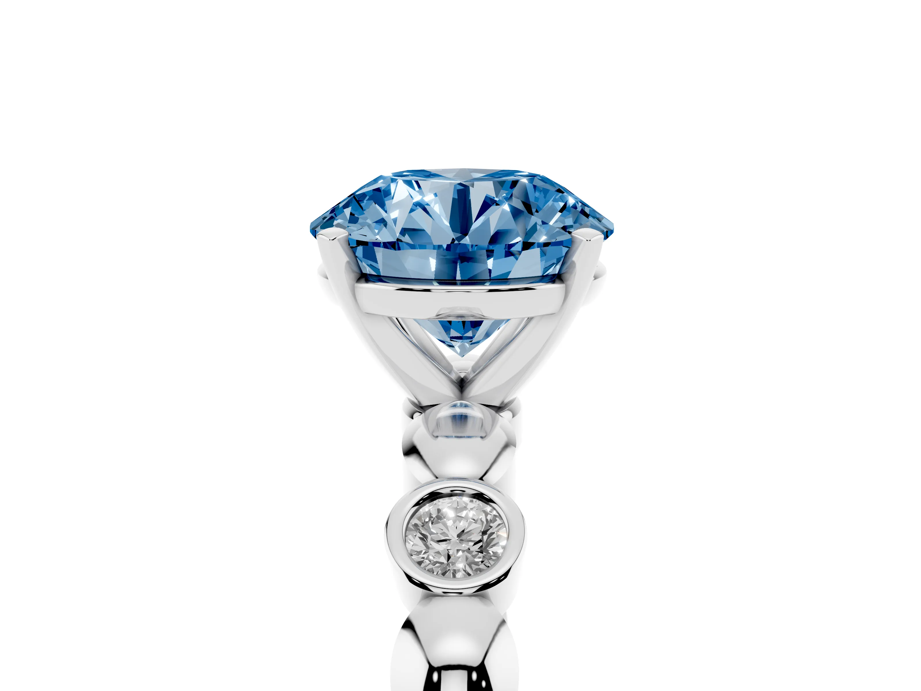 Fancy Blue Round Cut Diamond Solitaire Ring Set in Silver with Bezel-Set Accents on Beaded Band and Prong Setting