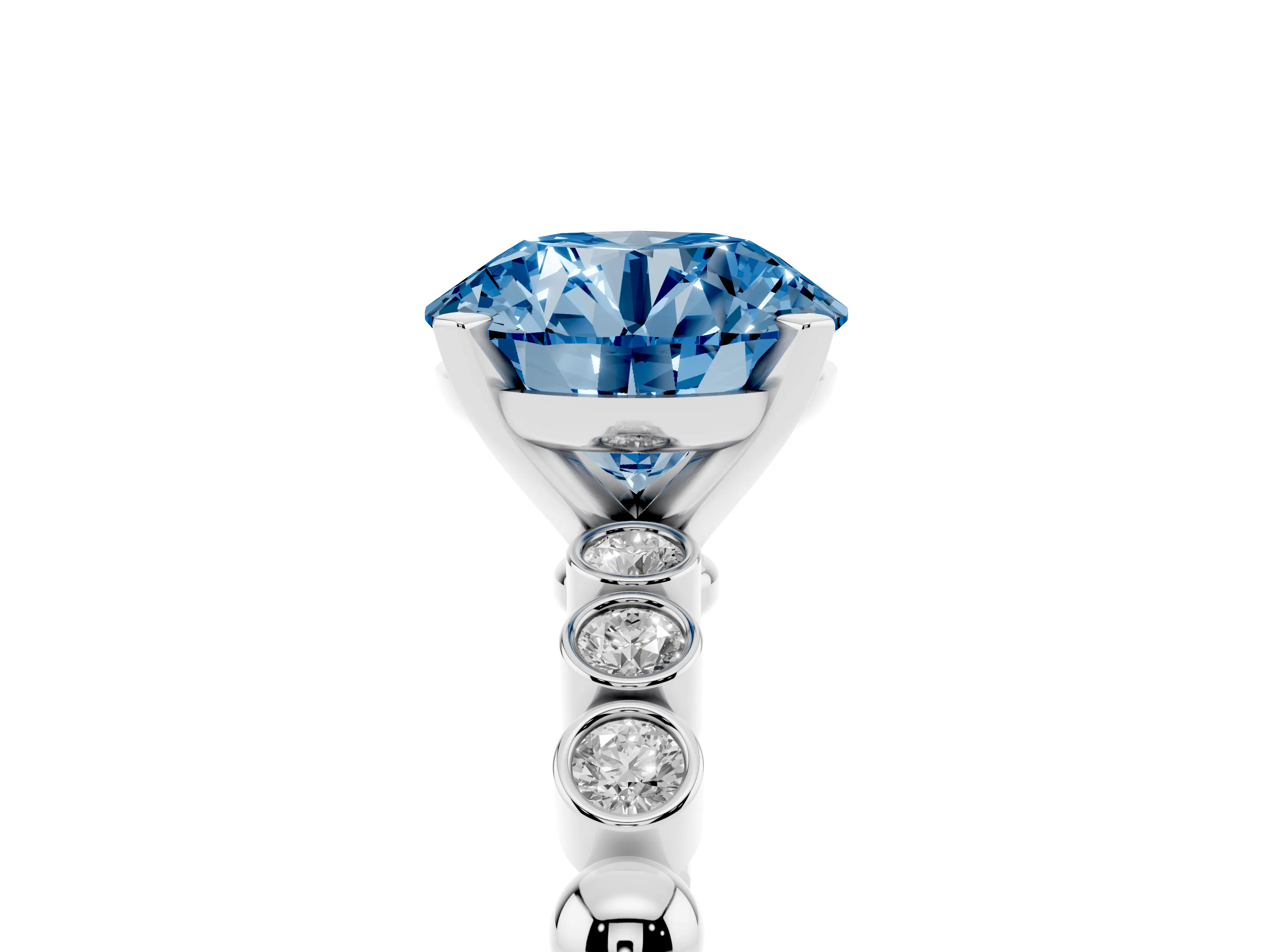 Fancy Blue Round Cut Diamond Solitaire Engagement Ring Set in Platinum with Bezel Accents on Beaded Band