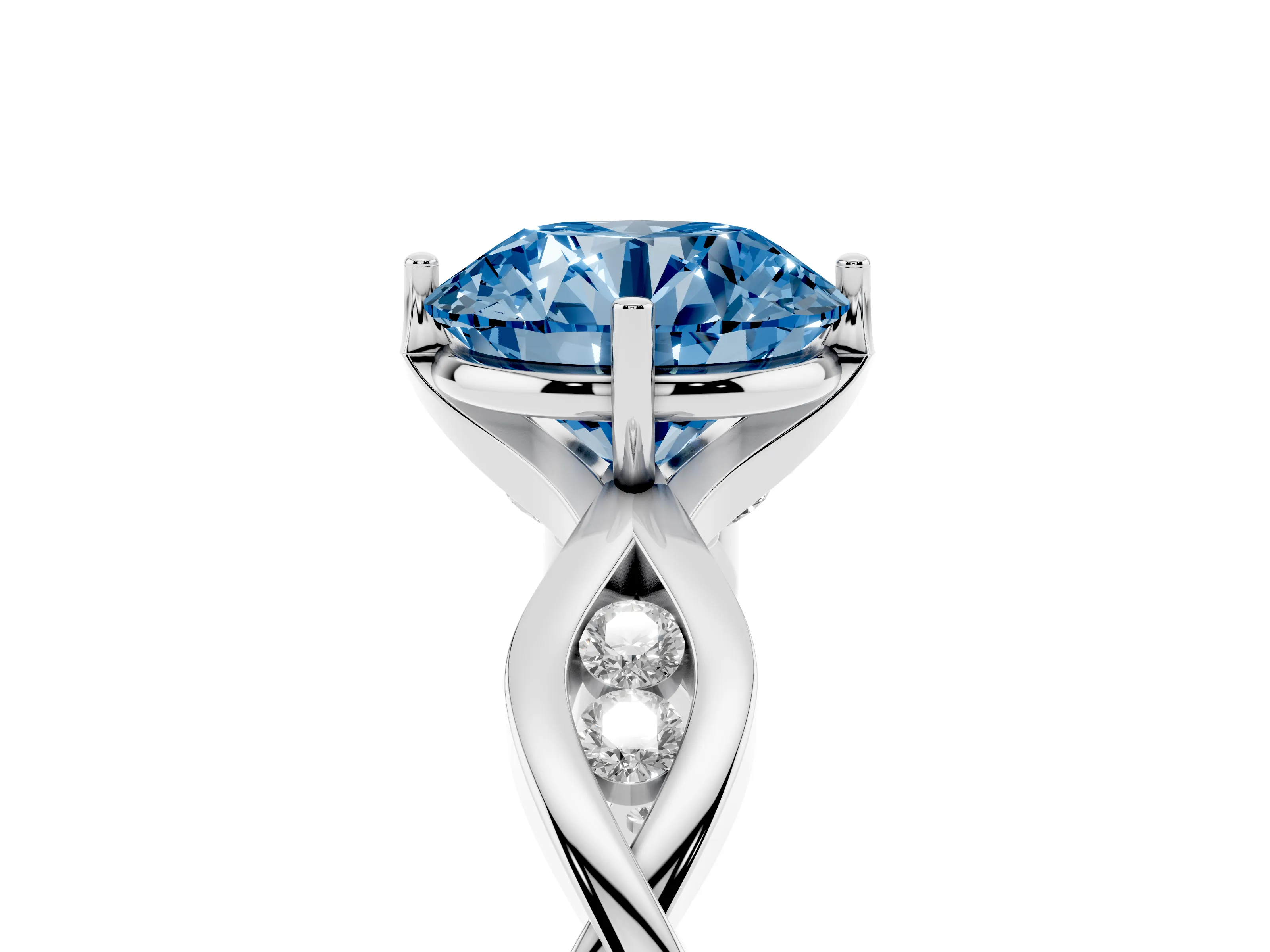 Fancy Blue Round Cut Diamond Twist Band Solitaire Ring Set in White gold with Leaf Prong Setting and Accent Stones
