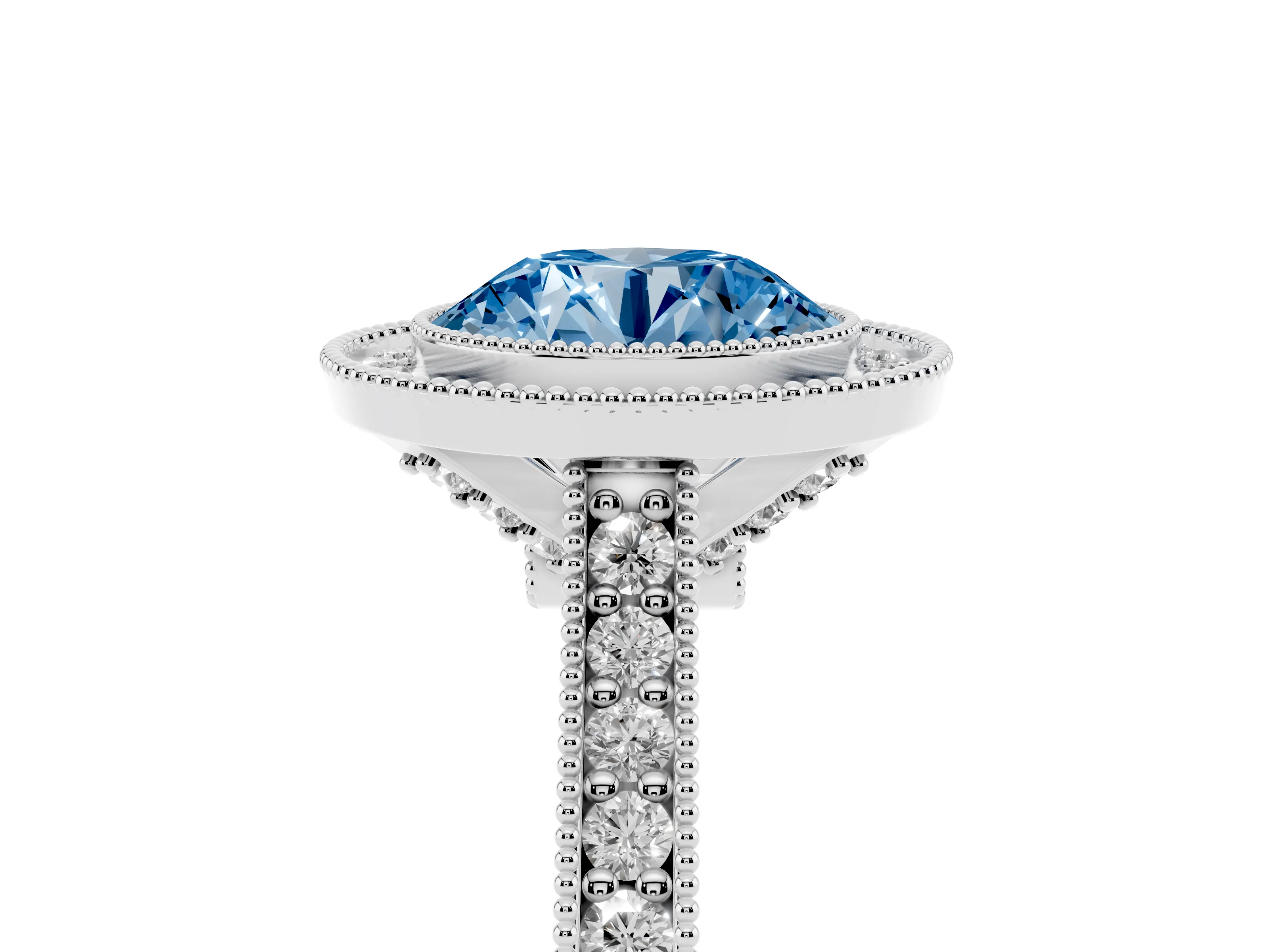 Fancy Blue Round Cut Diamond Halo Milgrain Pavé Band Ring Set in Platinum with Prong Setting