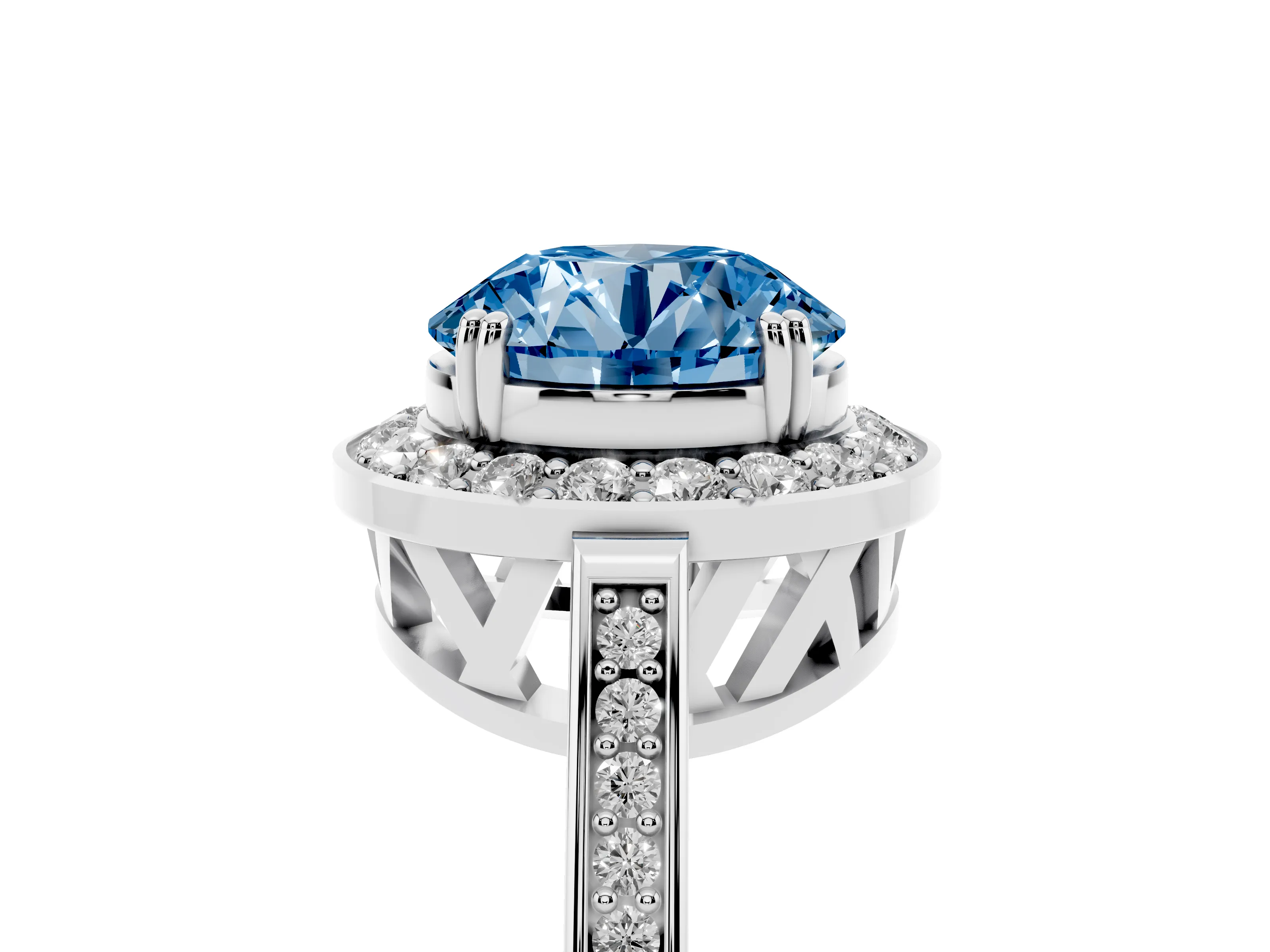 Fancy Blue Round Cut Diamond Halo Ring Set in Silver with Accent-Lined Split Shank and Prong Setting