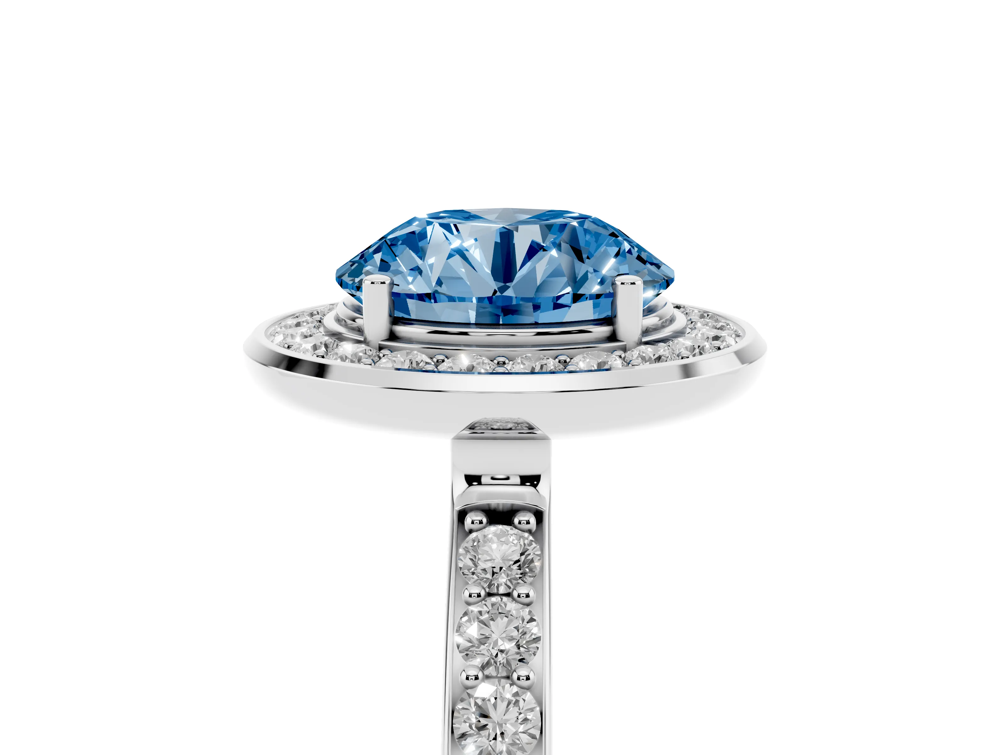 Fancy Blue Round Cut Diamond Halo Ring Set in White gold with Bezel Frame and Pavé Band