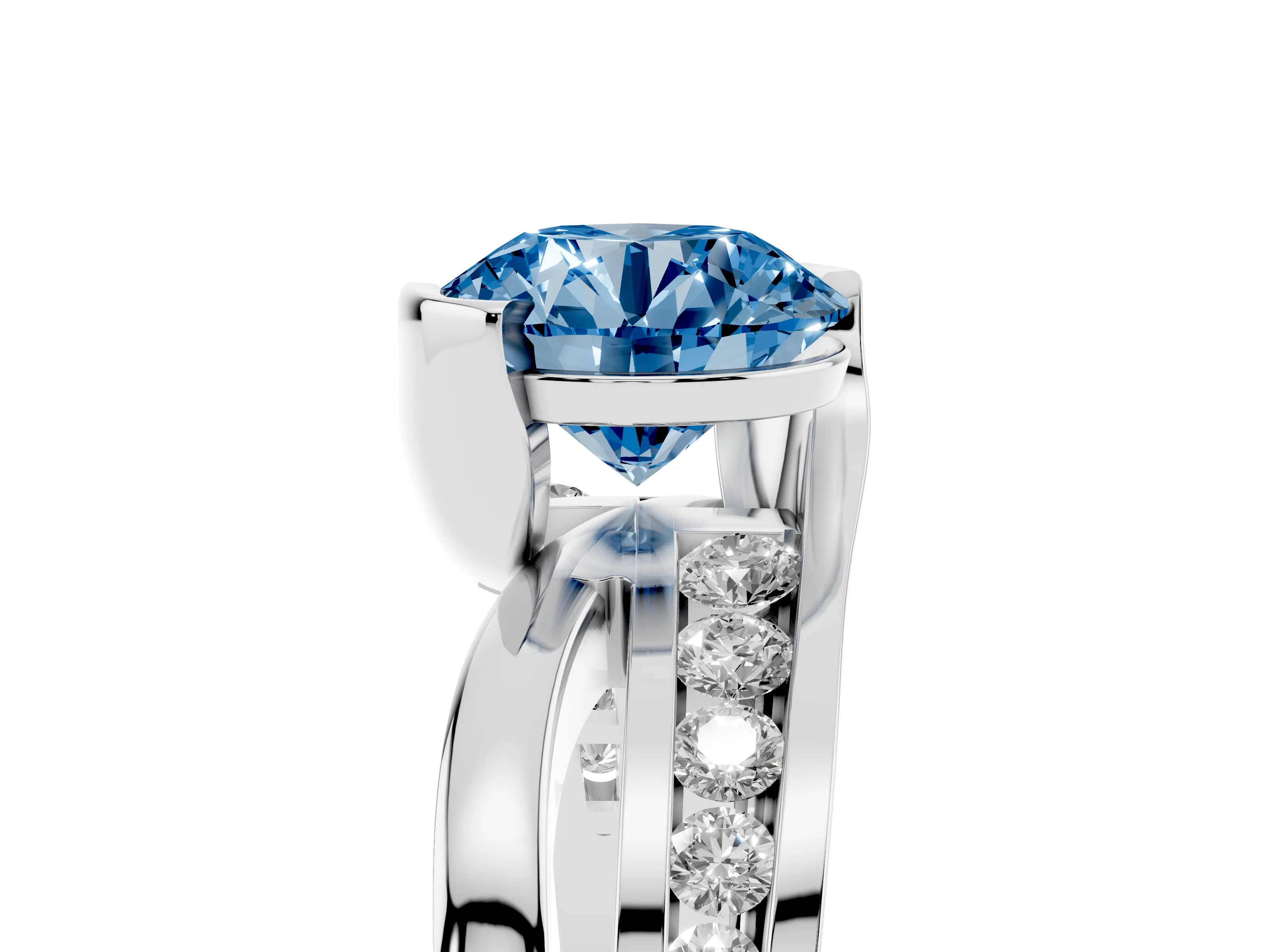 Fancy Blue Round Cut Diamond Solitaire Ring Set in Silver with Channel Set Split Shank and Tension Prongs