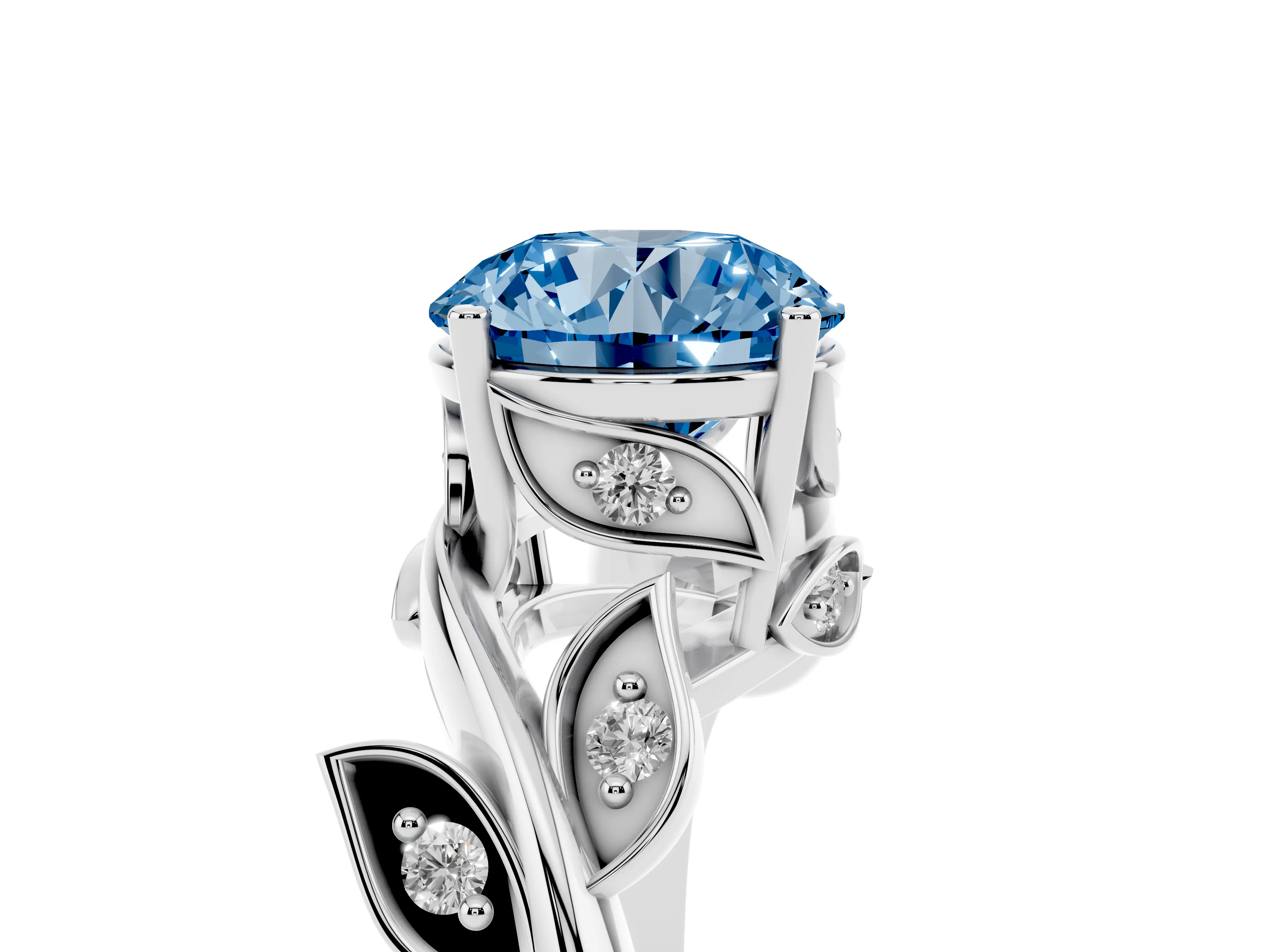Fancy Blue Round Cut Diamond Solitaire Twist Engagement Ring Set in Silver with Pavé Leaf Accents
