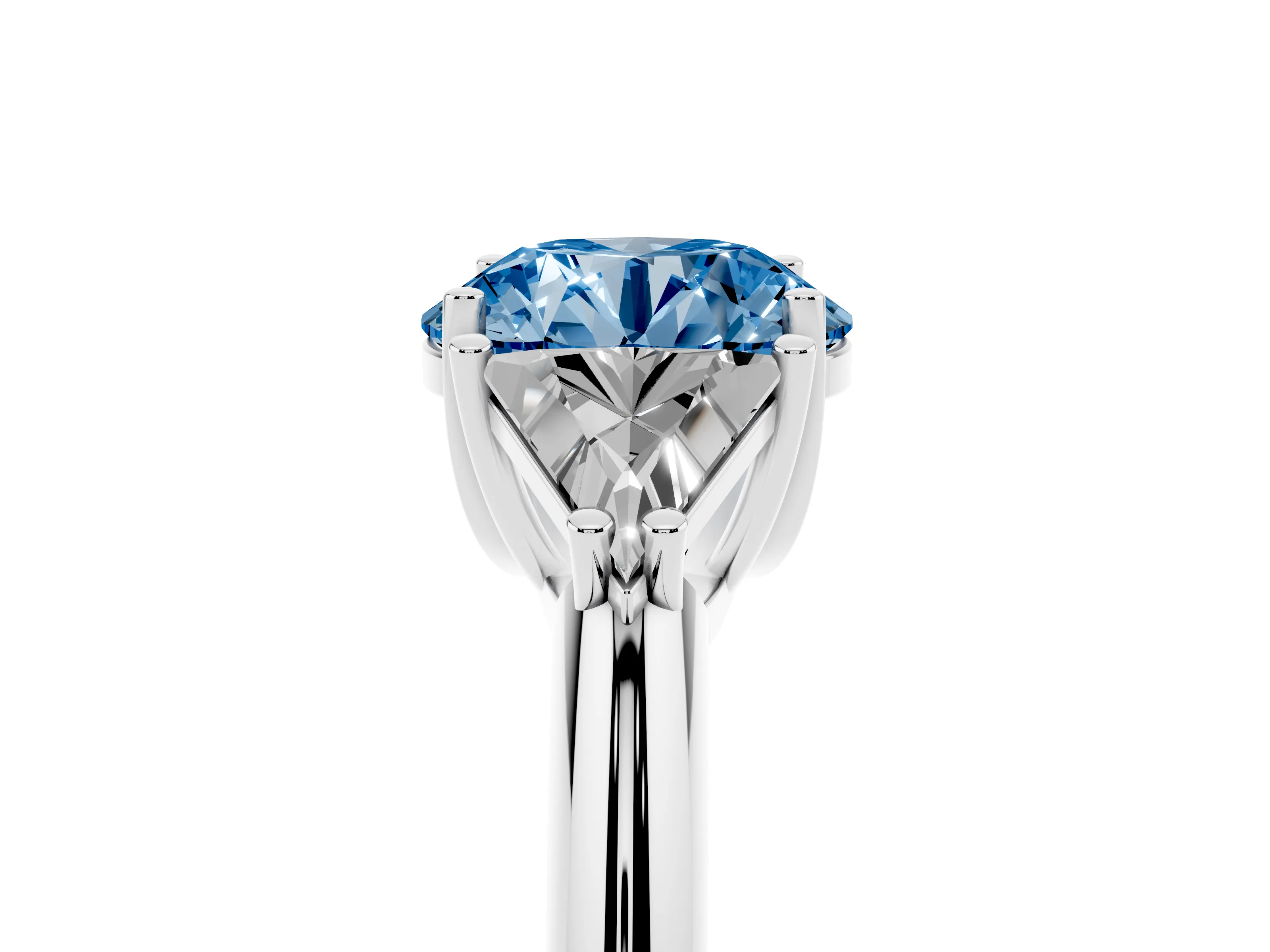 Fancy Blue Round Cut Diamond Three-Stone Engagement Ring Set in White gold with Trillion Side Stones