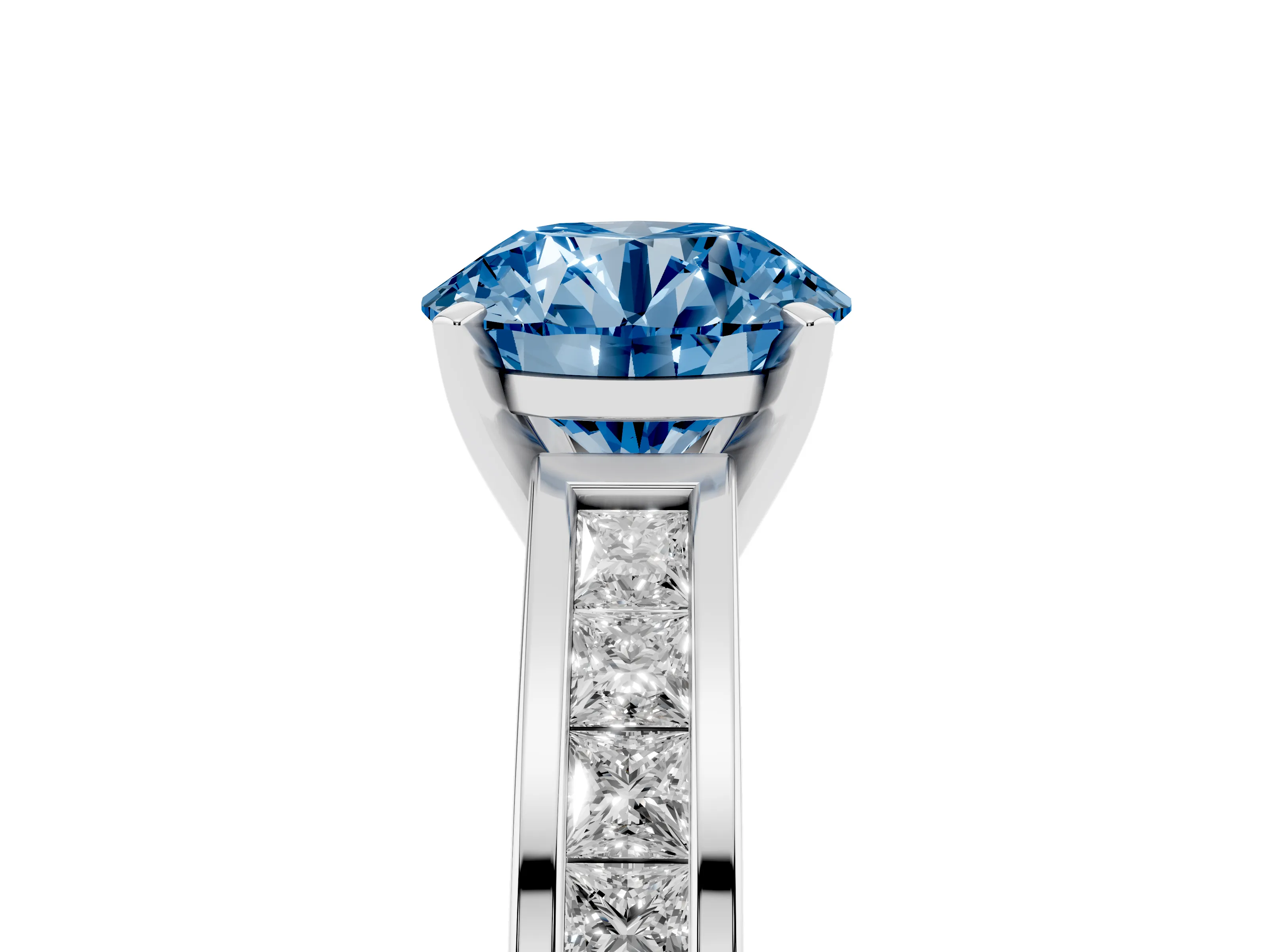 Fancy Blue Round Cut Diamond Solitaire Ring Set in White gold with Channel-Set Band and Prong Setting