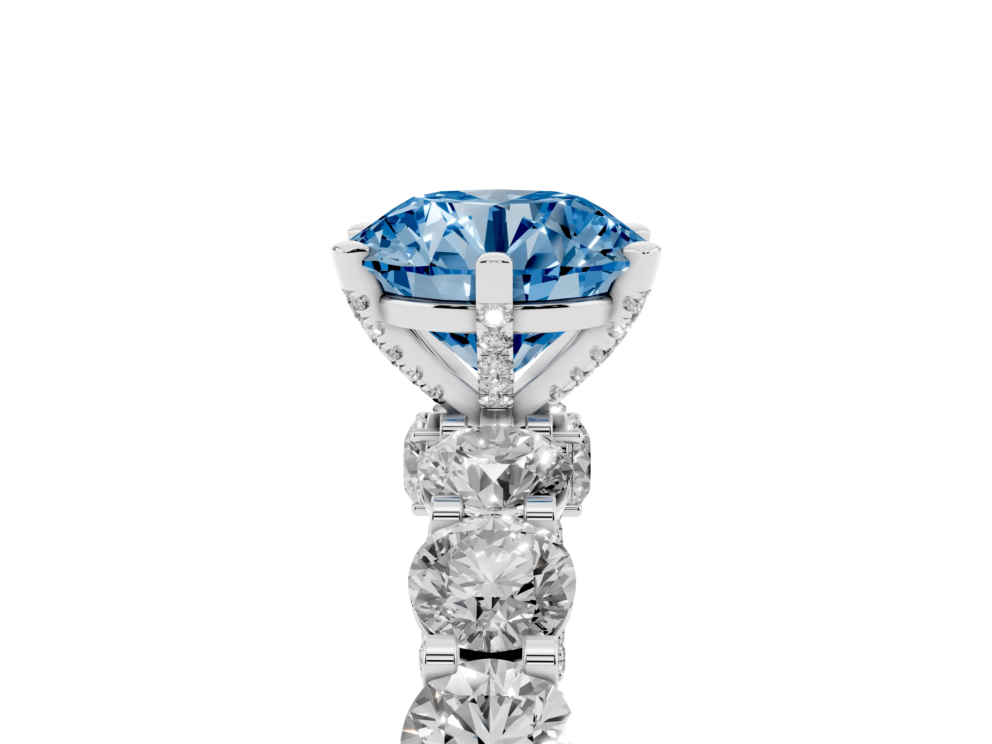 Fancy Blue Round Cut Diamond Side Stone Ring Set in White gold with Alternating Round and Oval Side Stones