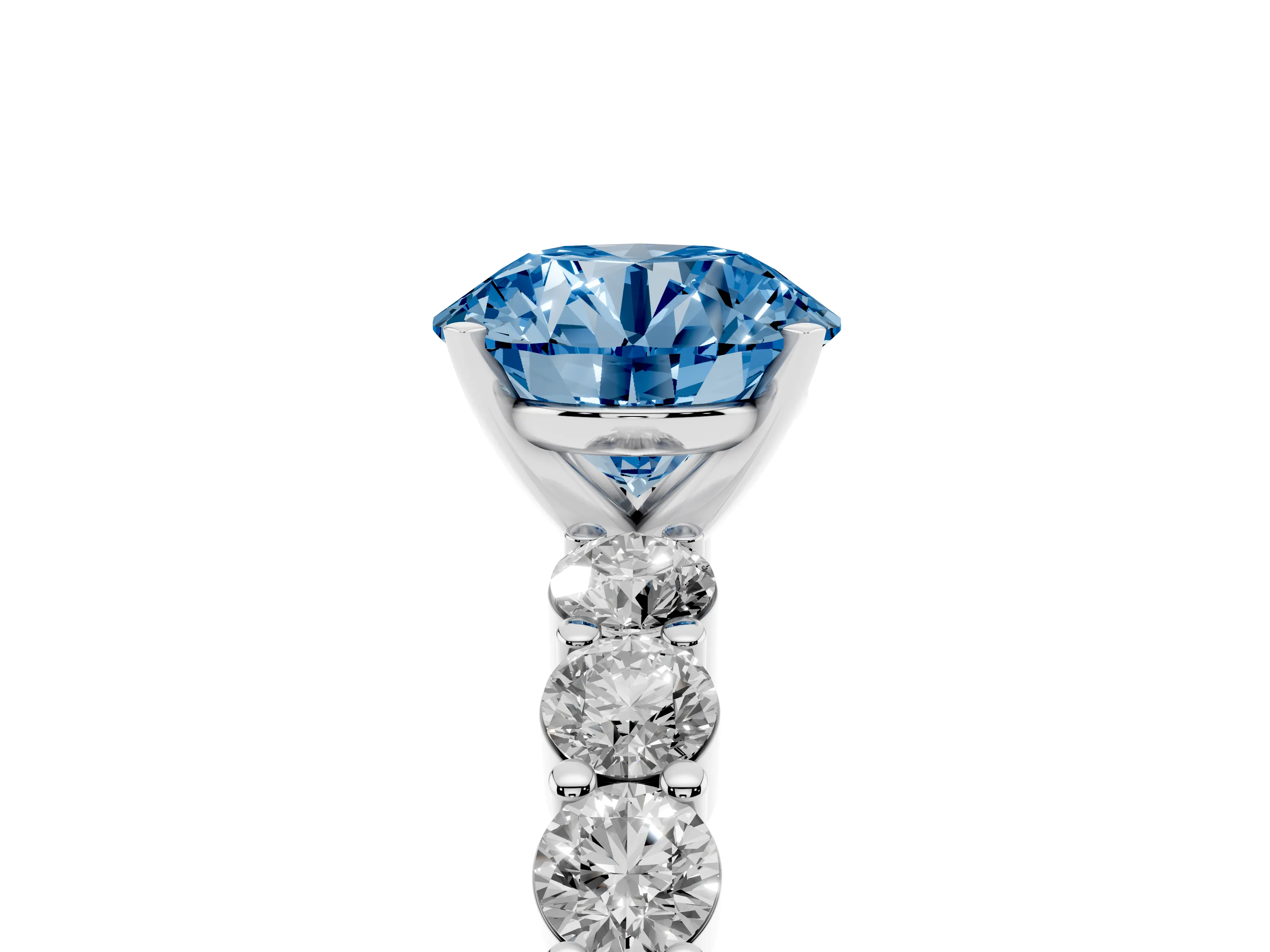 Fancy Blue Round Cut Diamond Solitaire Ring Set in Platinum with Shared Prong Round Side Stones