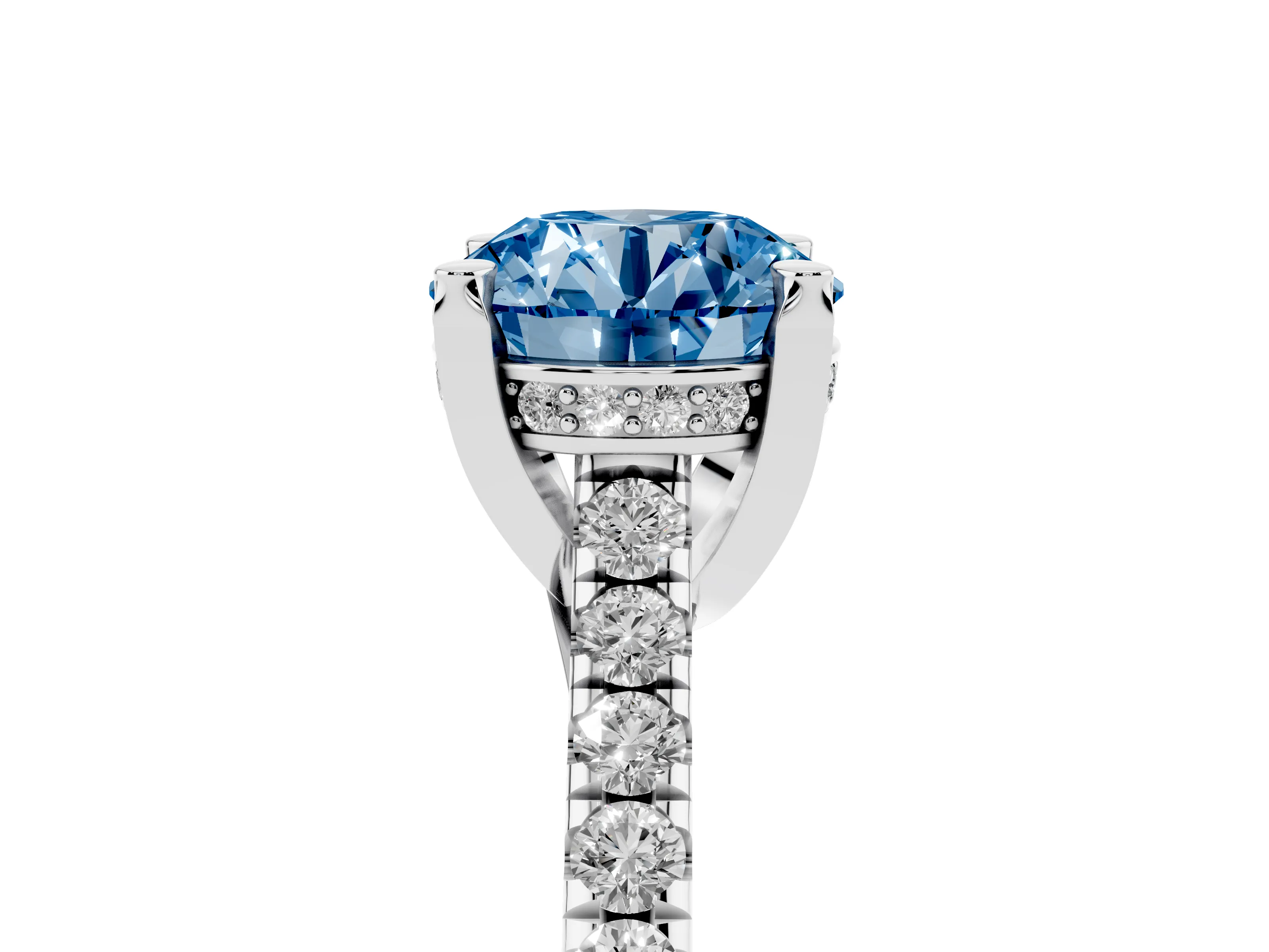 Fancy Blue Round Cut Diamond Solitaire Ring Set in Platinum with Brilliant Pavé Band and Prong Setting