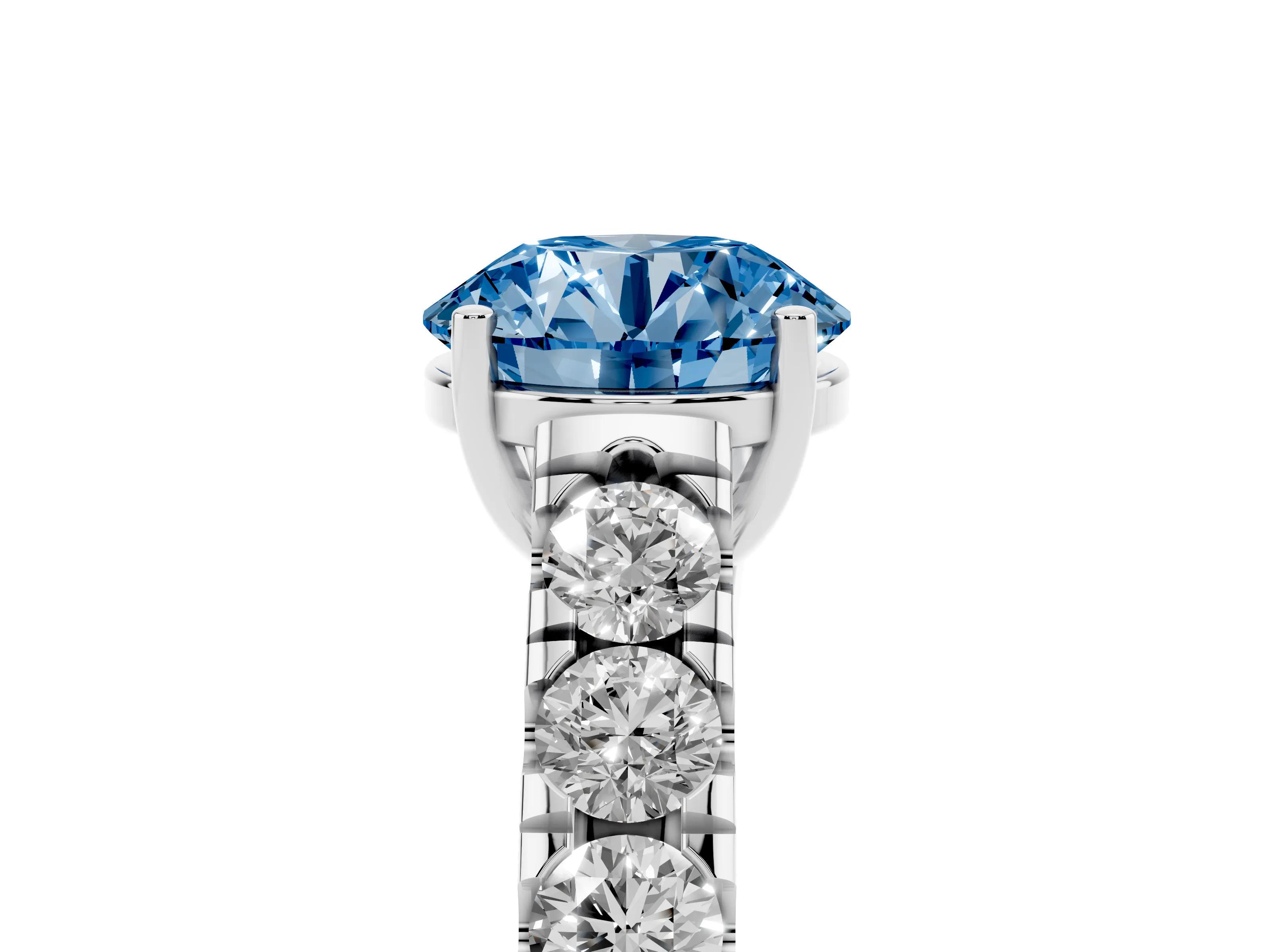 Fancy Blue Round Cut Diamond Solitaire Ring Set in Platinum with Cut-Down Micro Pavé Band and Prong Setting