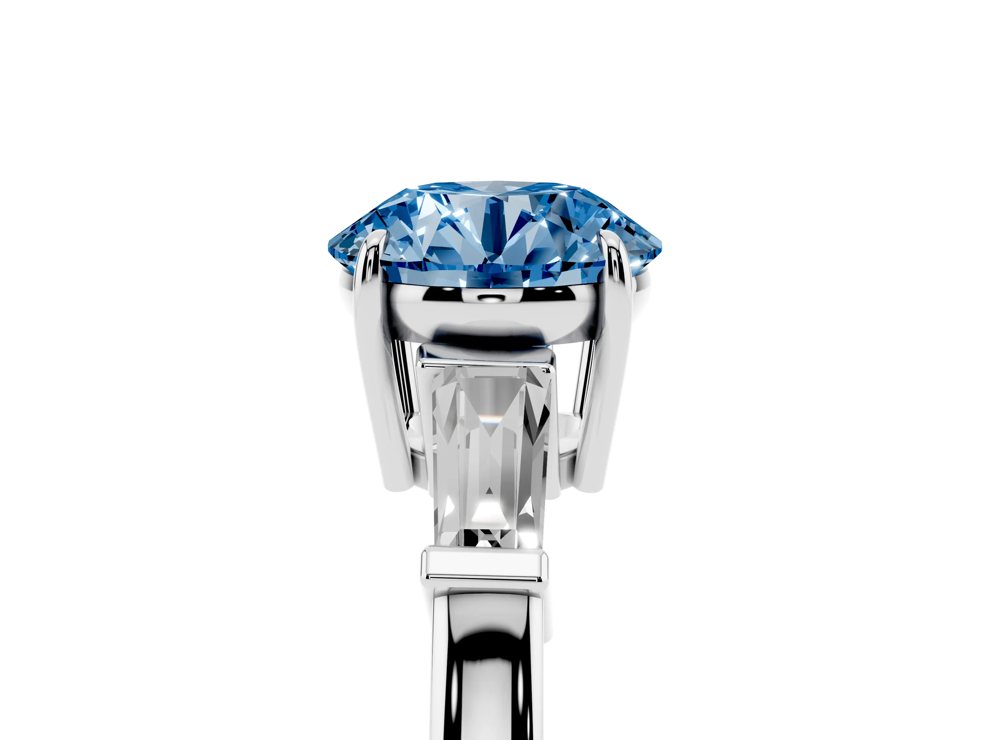 Fancy Blue Round Cut Diamond Three-Stone Ring Set in White gold with Tapered Baguette Side Stones and Prong Setting