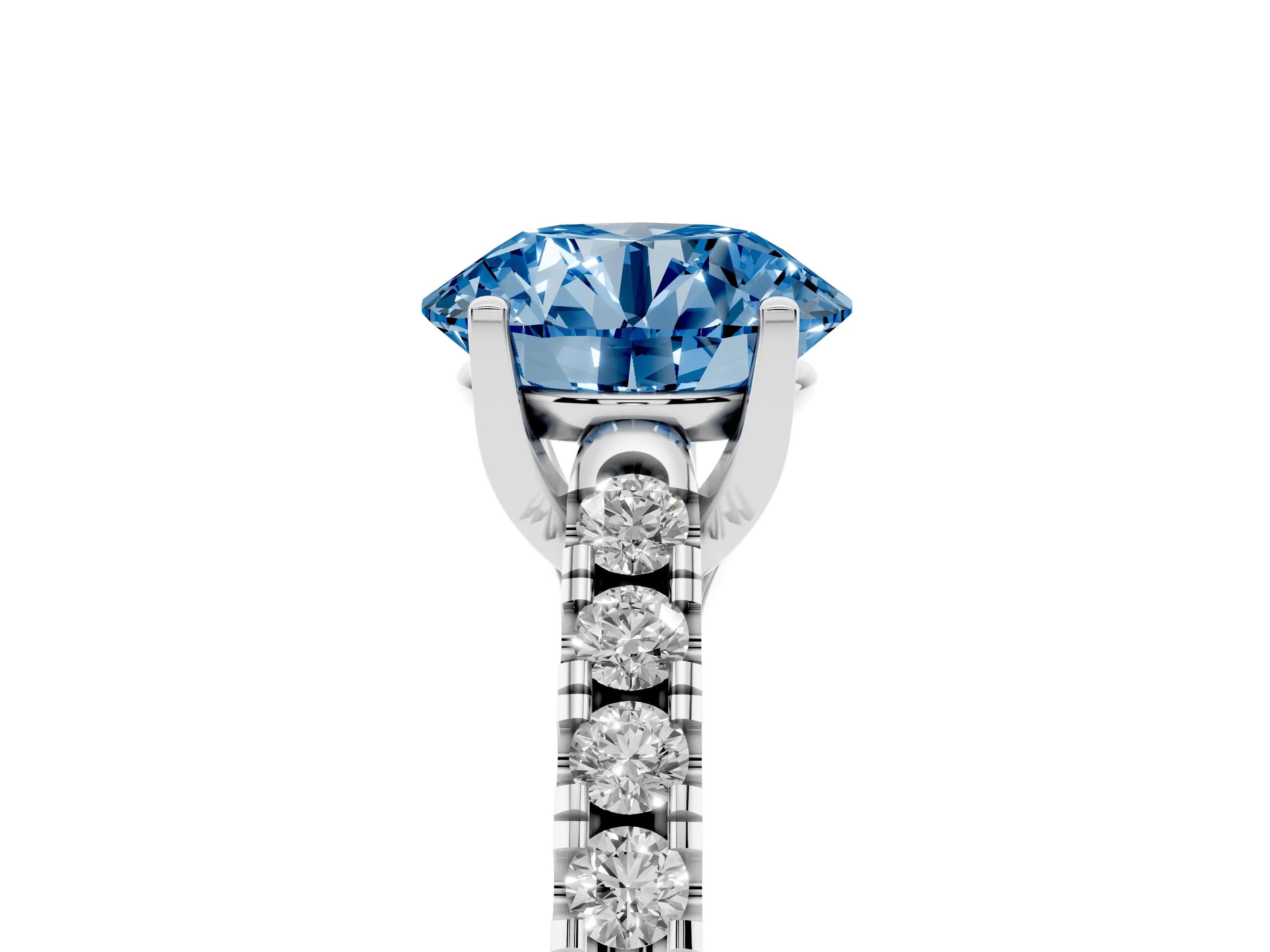 Fancy Blue Round Cut Diamond Pavé Band Solitaire Ring Set in White gold with Partway Accent Stones and Prong Setting