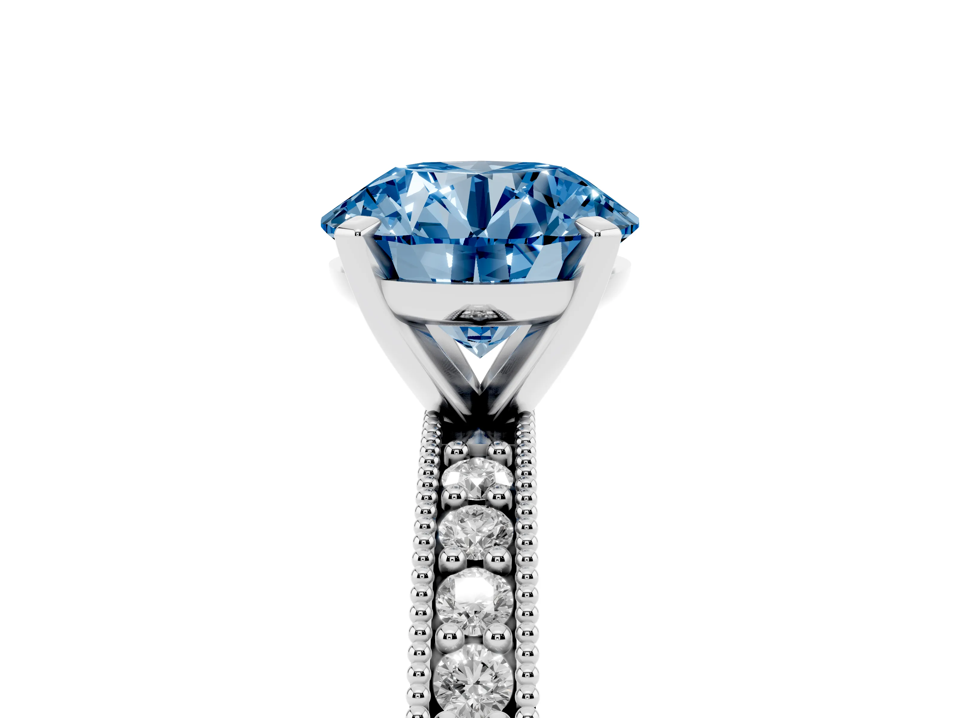 Fancy Blue Round Cut Diamond Milgrain Pavé Engagement Ring Set in Silver with Prong Setting