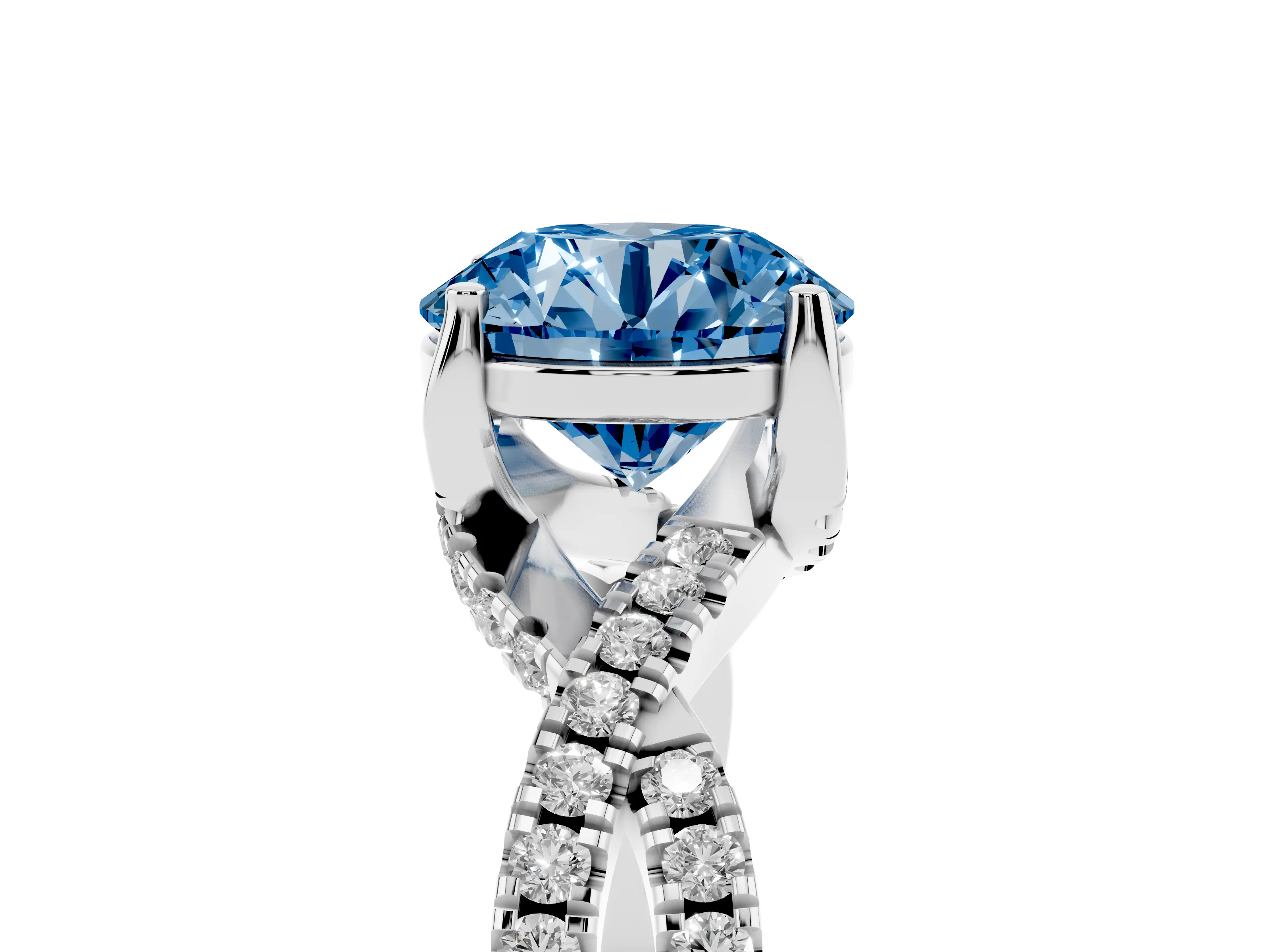 Fancy Blue Round Cut Diamond Twist Pavé Solitaire Engagement Ring Set in Platinum with Prong Setting