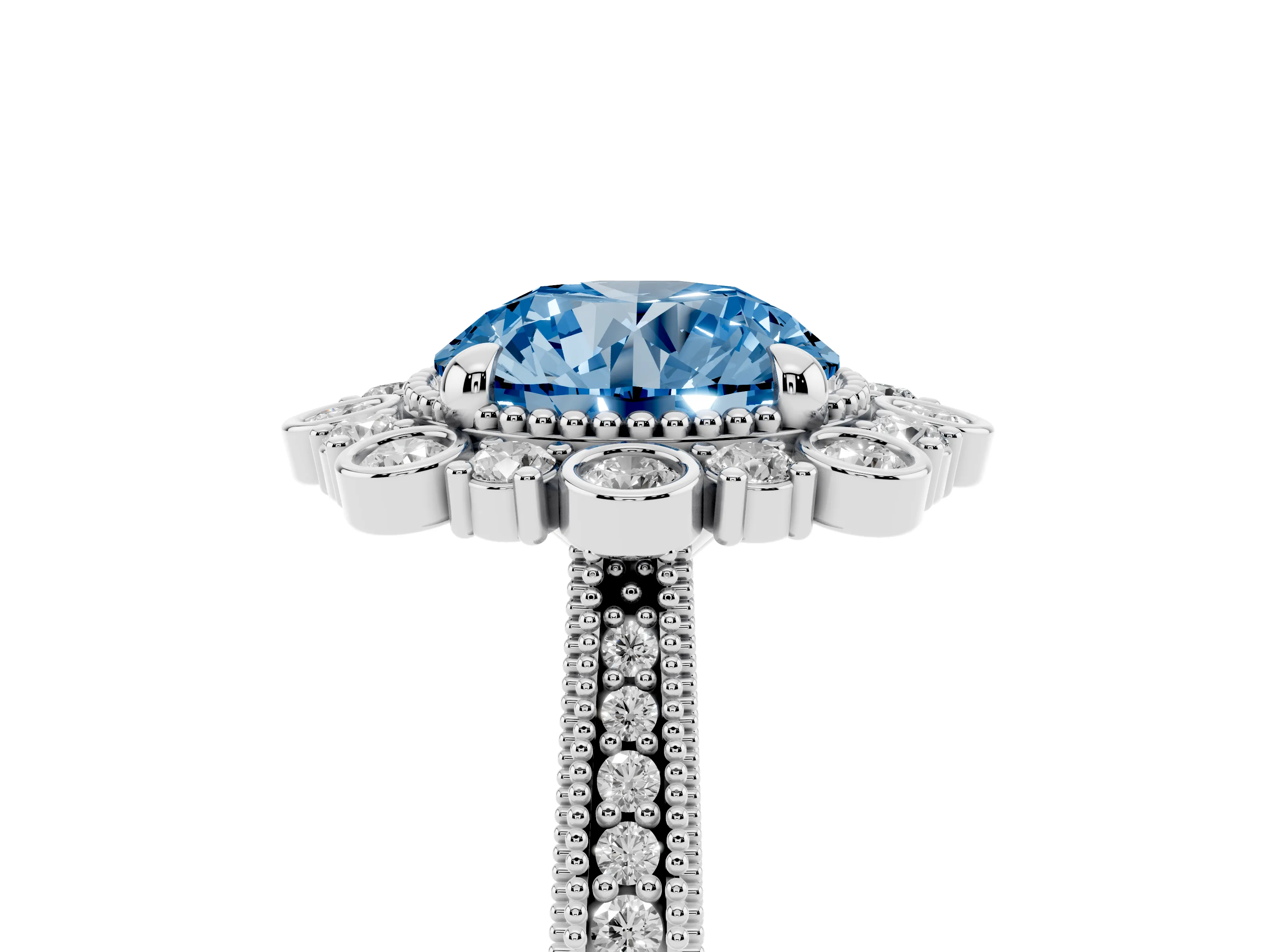Fancy Blue Round Cut Diamond Halo Milgrain Pavé Ring Set in White gold with Prong Setting