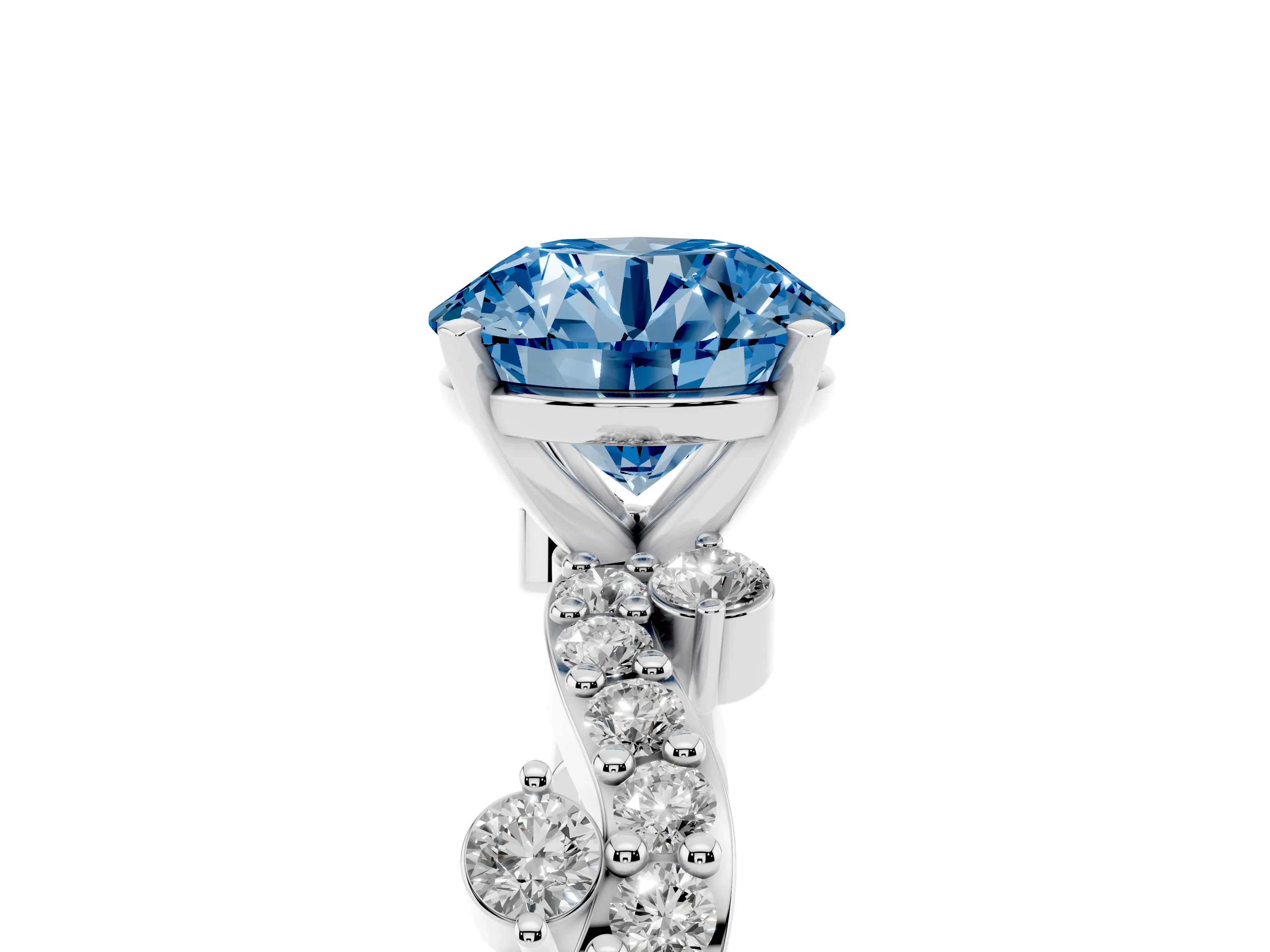 Fancy Blue Round Cut Diamond Solitaire Twisted Band Set in Platinum with Pavé Setting